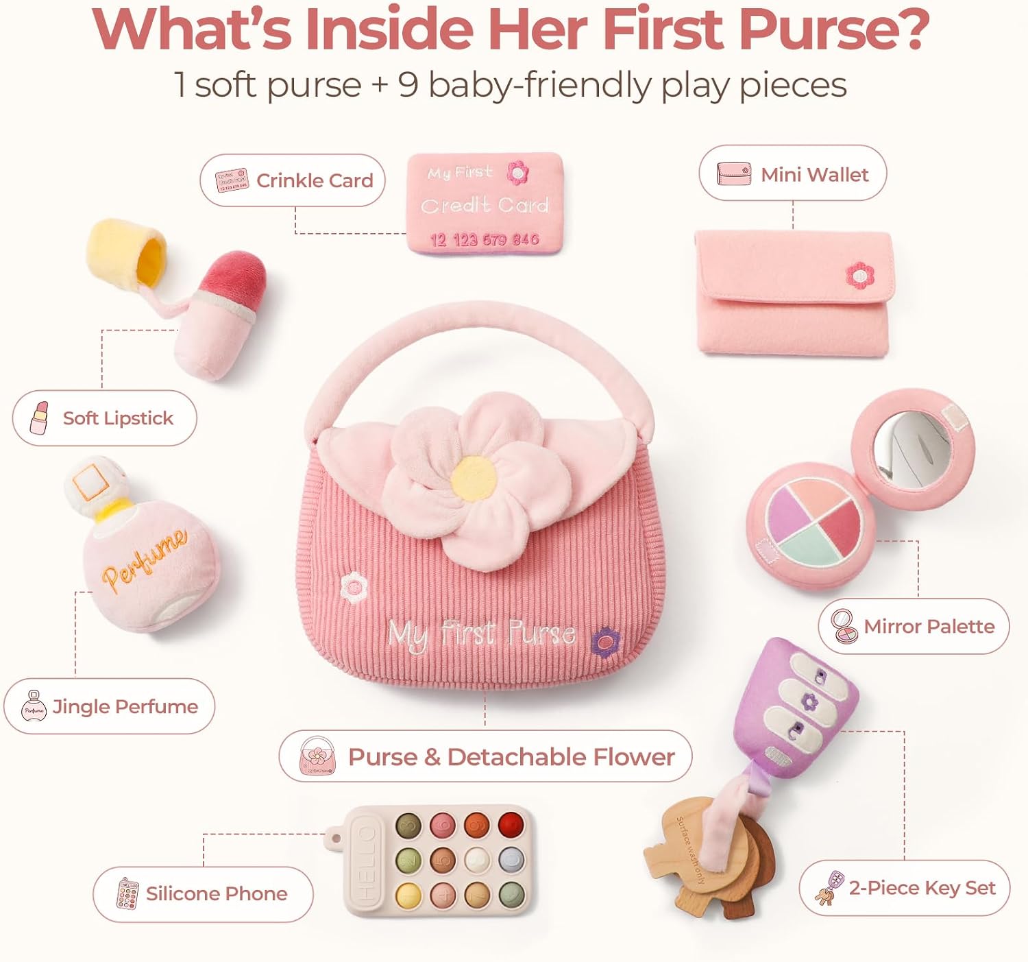 Detalle de LET'S MAKE PTZ255101 My First Baby Purse Sensory Pretend-Play Toy, 10 Pieces