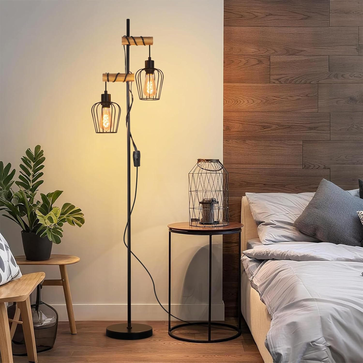 Thumbnail 1 de ZMH Stehlampe Wohnzimmer – Holz, Schwarz, Vintage-Industrial, 2-flammig, 151 cm