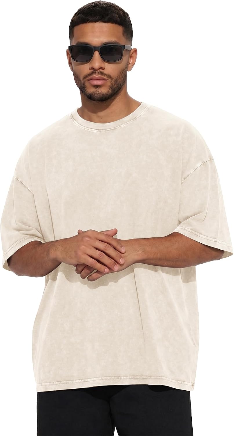 Detalle de Oversized Tshirts for Men Short Sleeve Vintage Washed Basic Loose Tees 2026