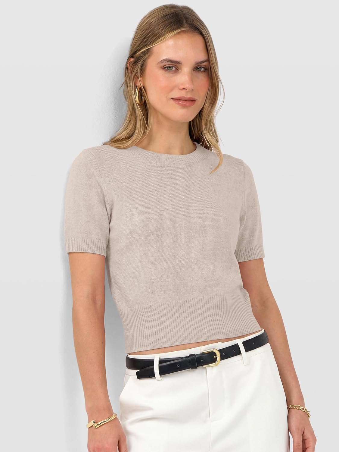 Thumbnail 2 de ANRABESS Women's Short Sleeve Cropped Crew Neck Sweater Top — Lightweight, Spring/Summer Ready