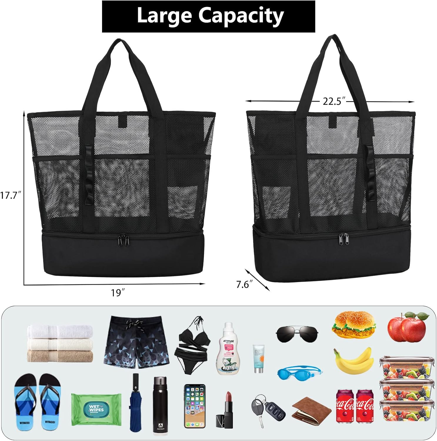 Detalle 2 de UYLIA Large Tote Mesh Beach Bag with Cooler – 8-pocket sandproof waterproof foldable tote