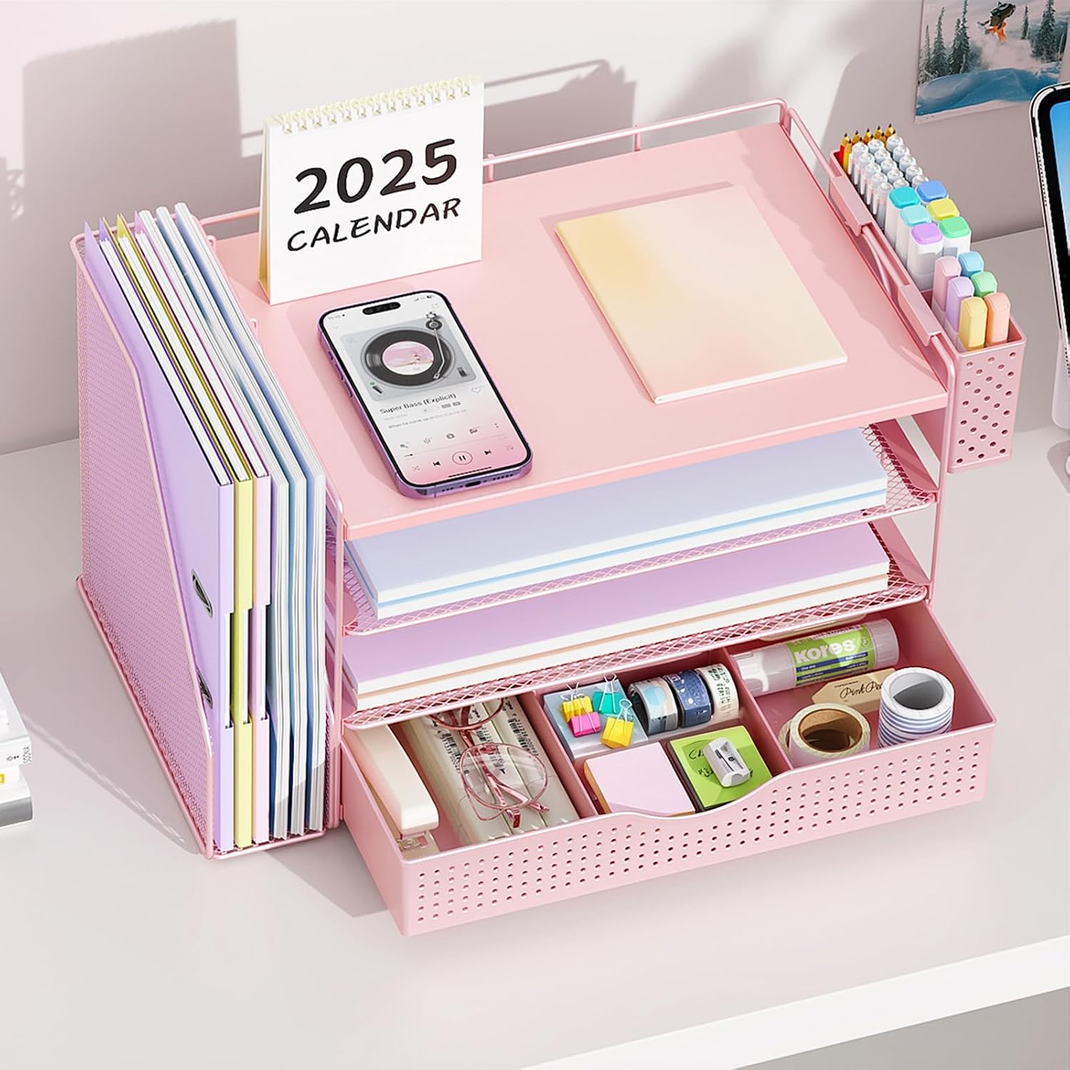Thumbnail 5 de Pink 4-Tier Wood Desk Organizer with Drawer, File Rack, and Pen Holder