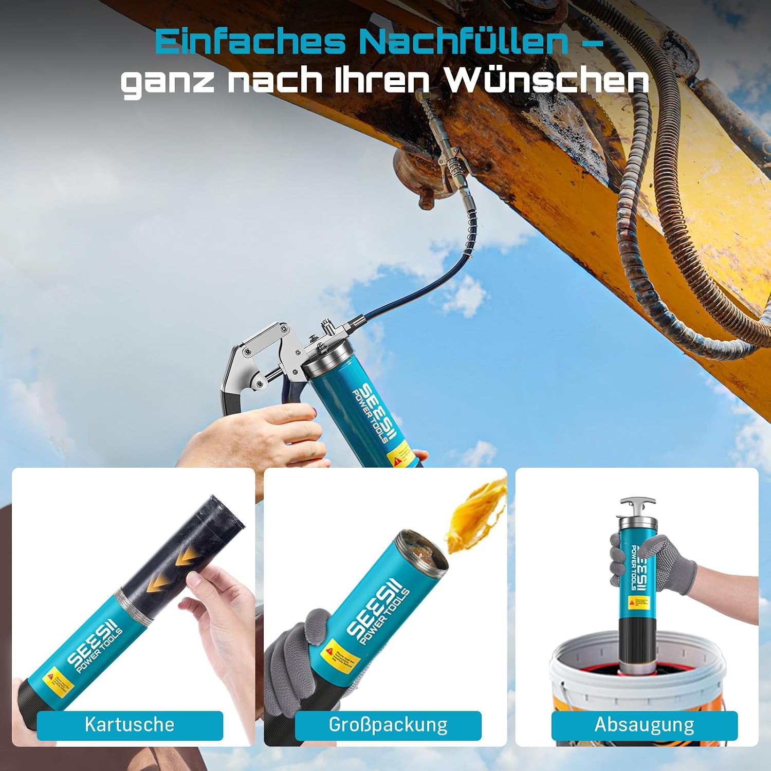 Thumbnail 6 de Seesii Fettpresse 8000 PSI – 400 ml Einhand Fettpresse mit Schnellkupplung, 90°-Adapter und flexiblem Schlauch