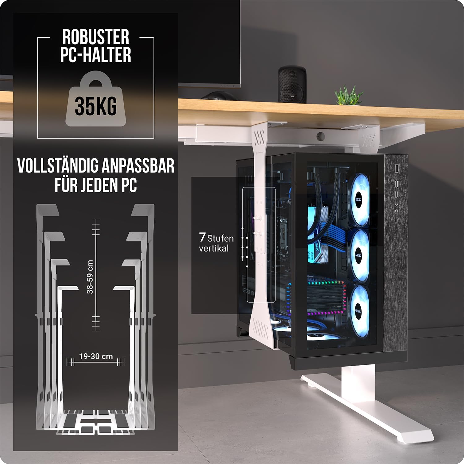 Detalle de PC Halterung unter dem Schreibtisch – Schwerlast-Tower-Halterung bis 35 kg (Weiß)