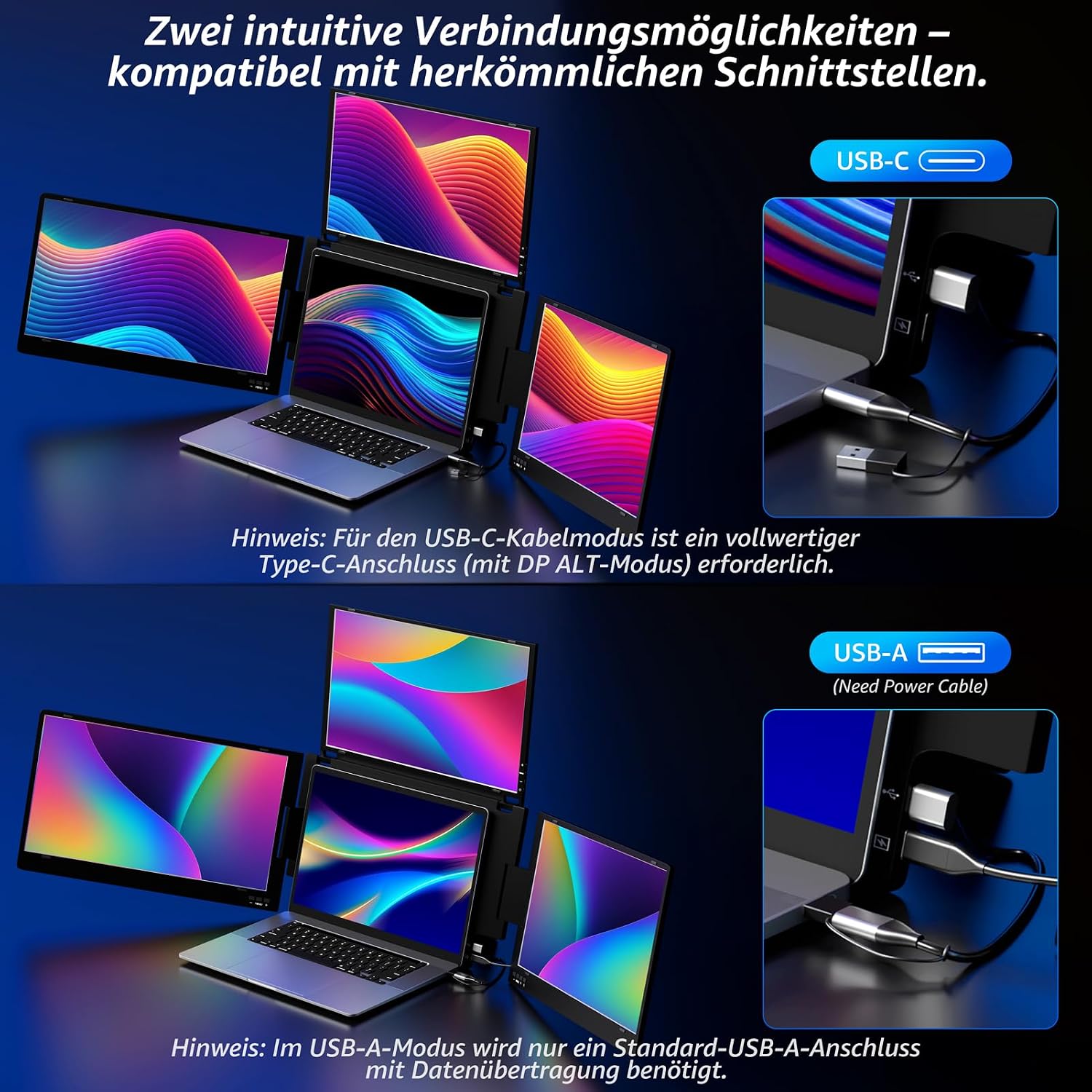 Thumbnail 2 de ROADOM 15,6 Zoll tragbarer Triple-Monitor (Faltbar, Metallgehäuse, 360° drehbar) mit Type-C & USB – 1080P FHD IPS