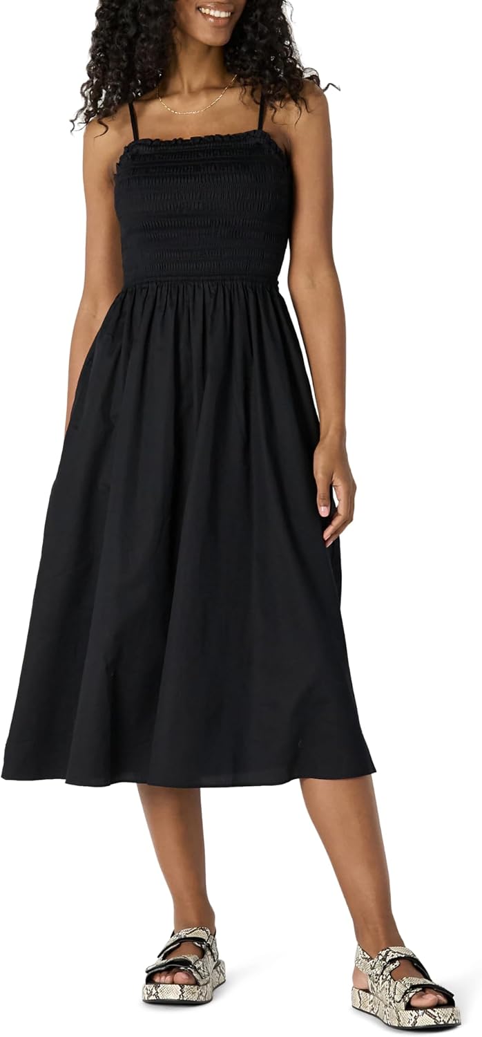 Detalle de Amazon Essentials Women's Regular-Fit Cotton Sateen Smocked Bodice Short Dress