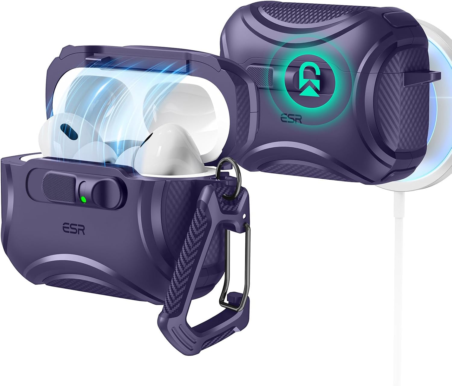 Detalle de ESR Hülle für AirPods Pro 3 (2025) mit USB‑C – MagSafe, schiebbarer Verschluss, stoßsicher (Cyber-Serie, Lila)