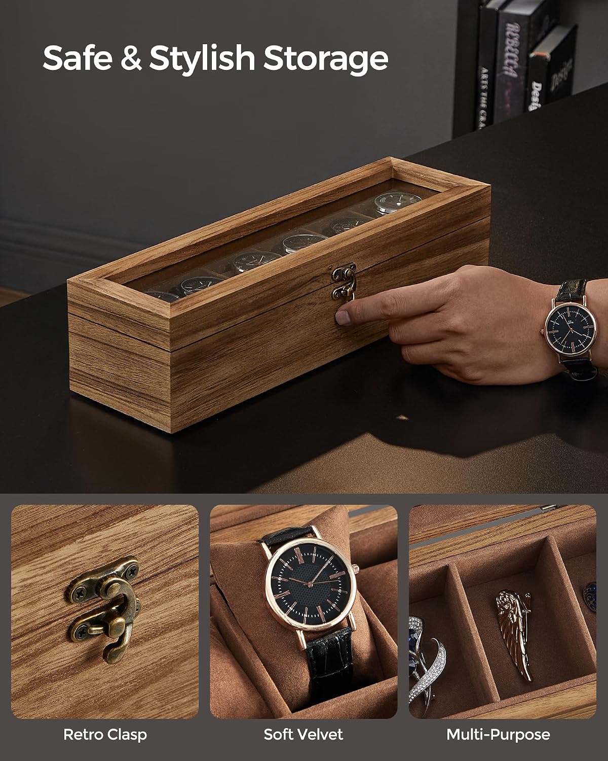 Thumbnail 3 de SONGMICS Watch Box JOW006K01 – 6-Slot Solid Wood Display Case with Glass Lid