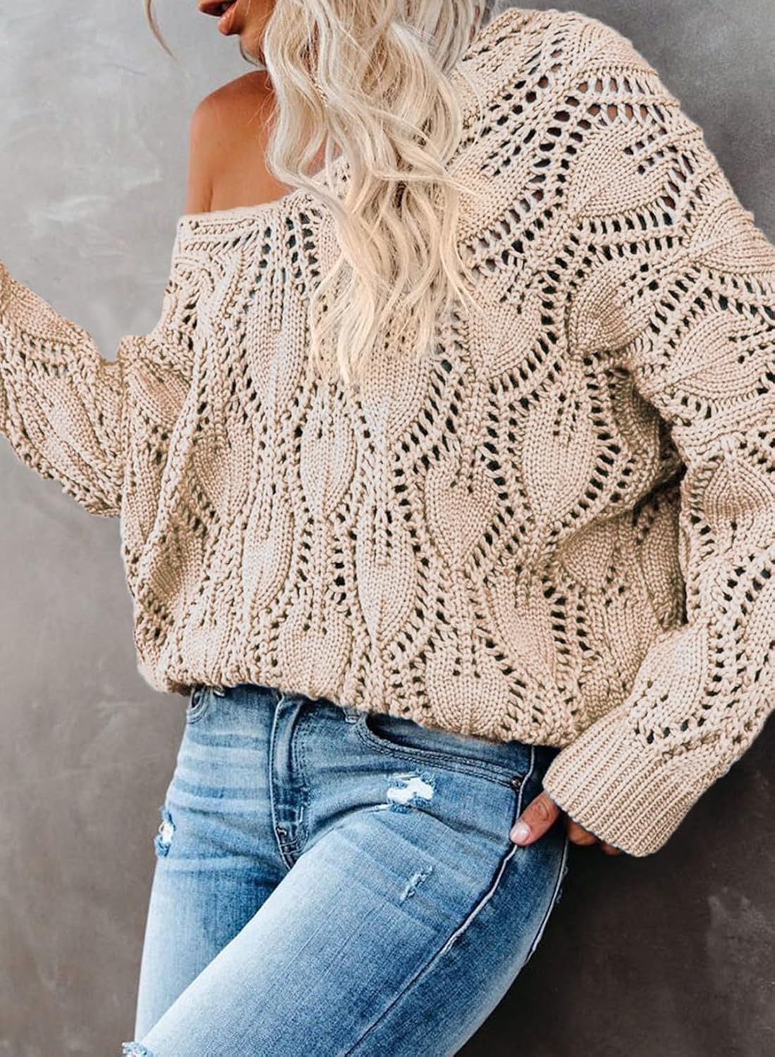 Detalle de Dokotoo Women's V-Neck Crochet Sweater, Long-Sleeve Open-Knit Pullover