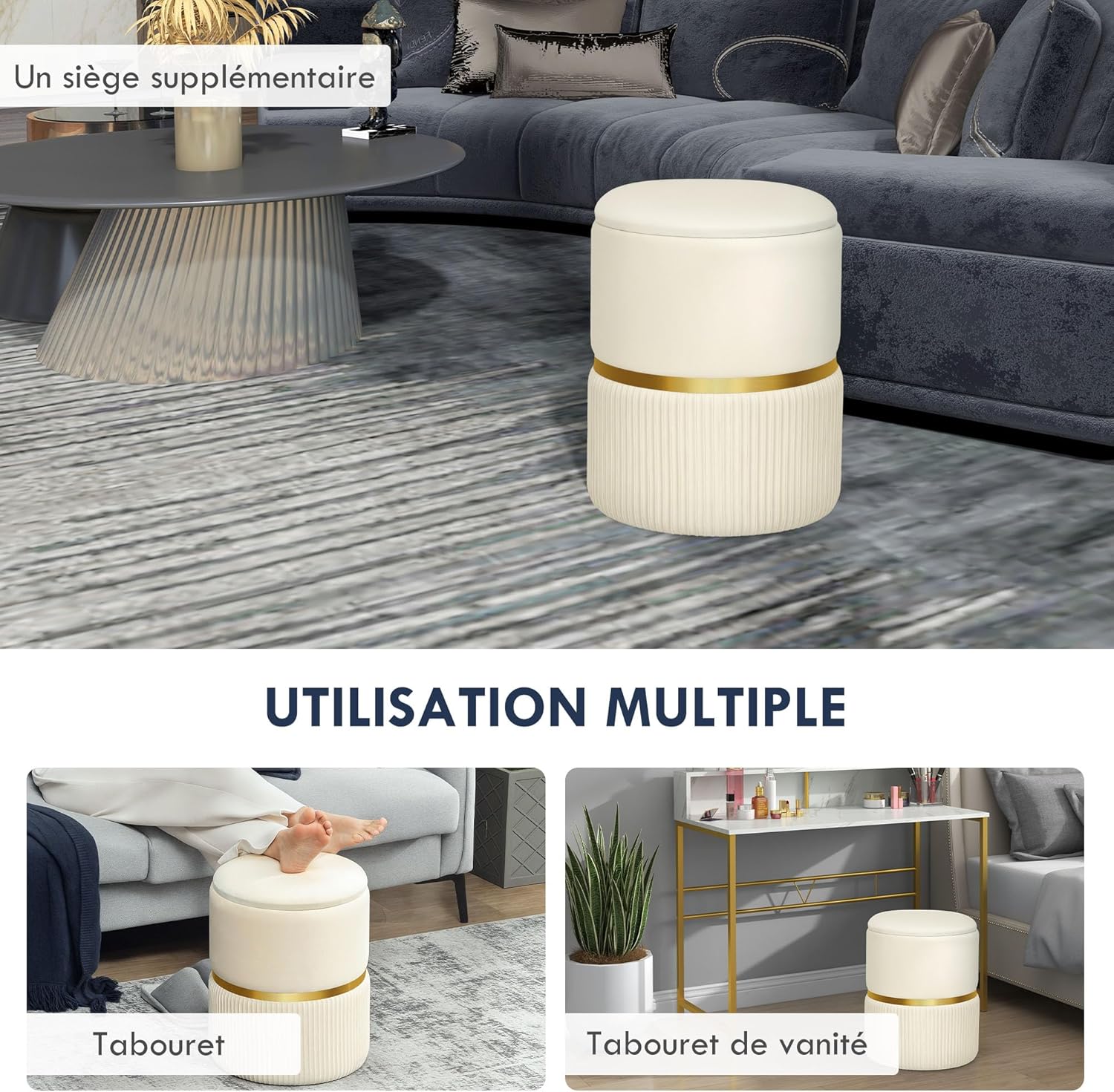 Thumbnail 5 de HOMCOM Pouf Tabouret Repose-Pied avec Coffre de Rangement en Velours côtelé Beige – 36 x 36 x 44 cm