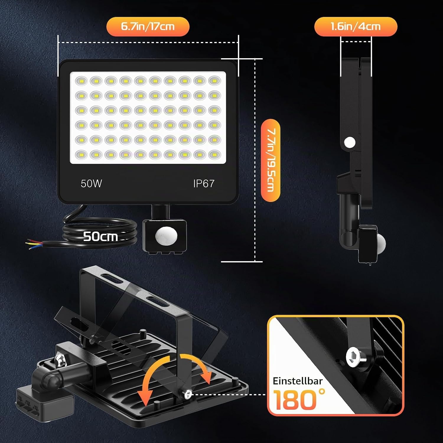 Thumbnail 6 de HAPYLUMI 50W Außenstrahler mit Bewegungsmelder – 5000 lm, 6500K, IP67