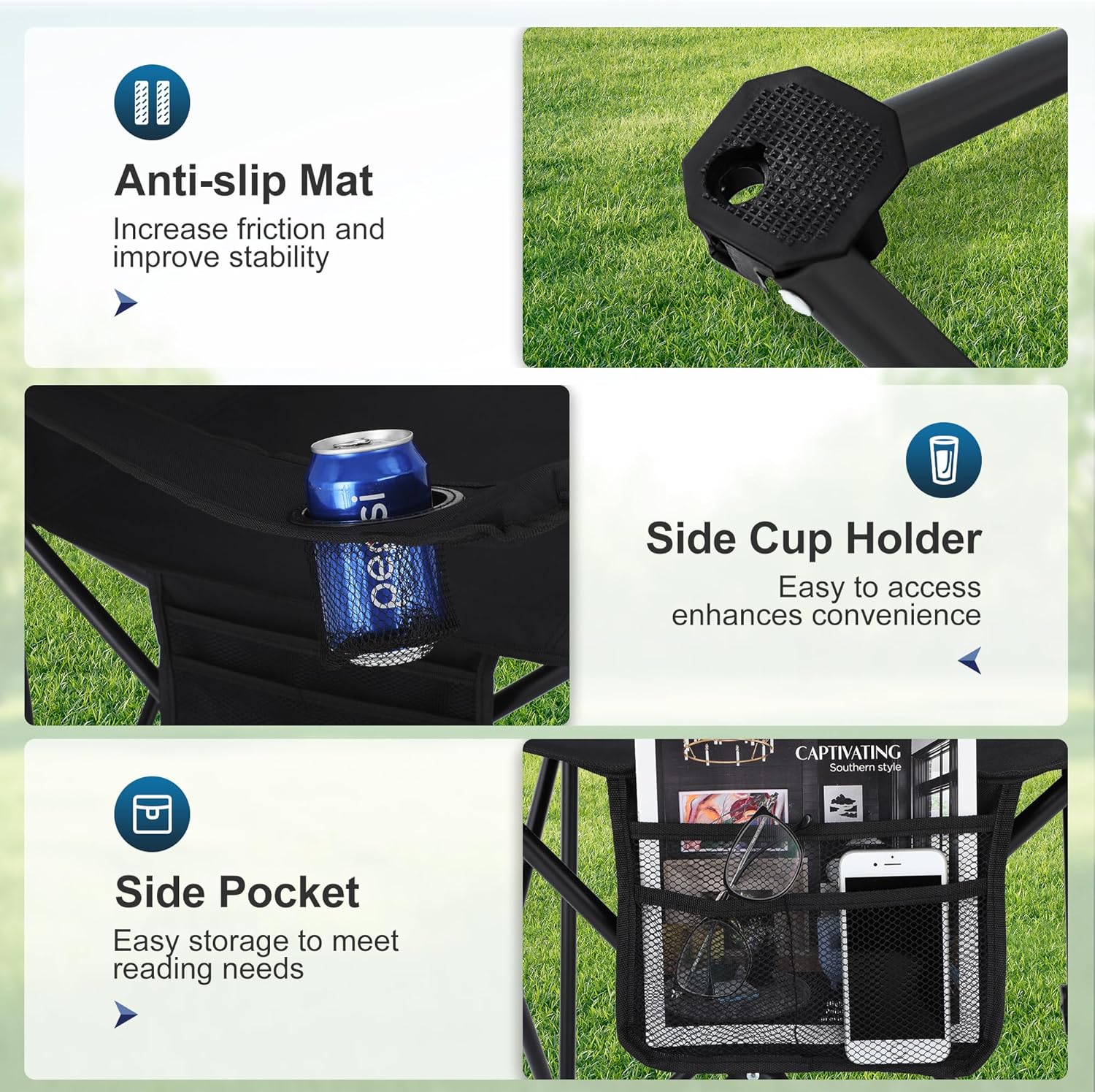Thumbnail 6 de LET'S CAMP 2 Pack Folding Camping Chairs with 3-Can Cooler Bag (Black)