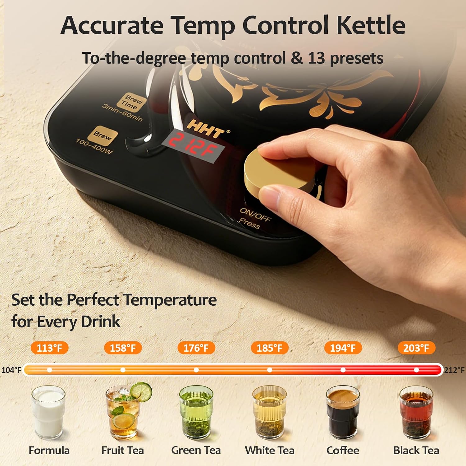 Detalle de HHT HK-A1 Electric Tea Kettle, 0.8 L Glass Infuser, Time & Temperature Control