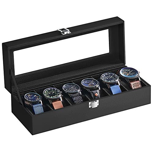 SONGMICS Caja de Relojes JWB06B01: estuche con tapa de cristal para 6 piezas