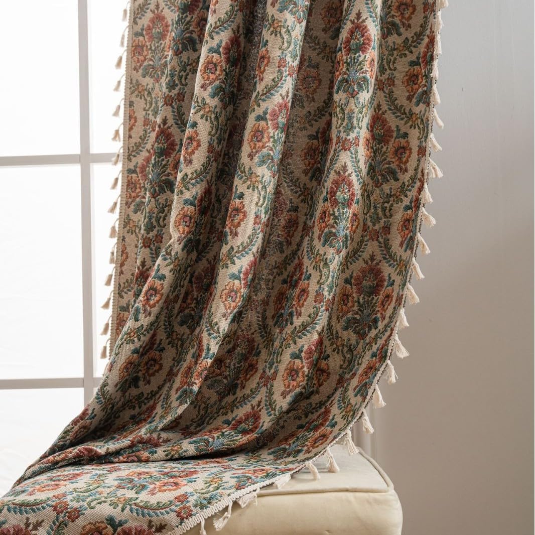 Thumbnail 2 de USTIDE Shabby Rustic Jacquard Floral Curtain – 1 Panel Room Darkening Vintage Lace Macramé Garden Style, 150×180cm