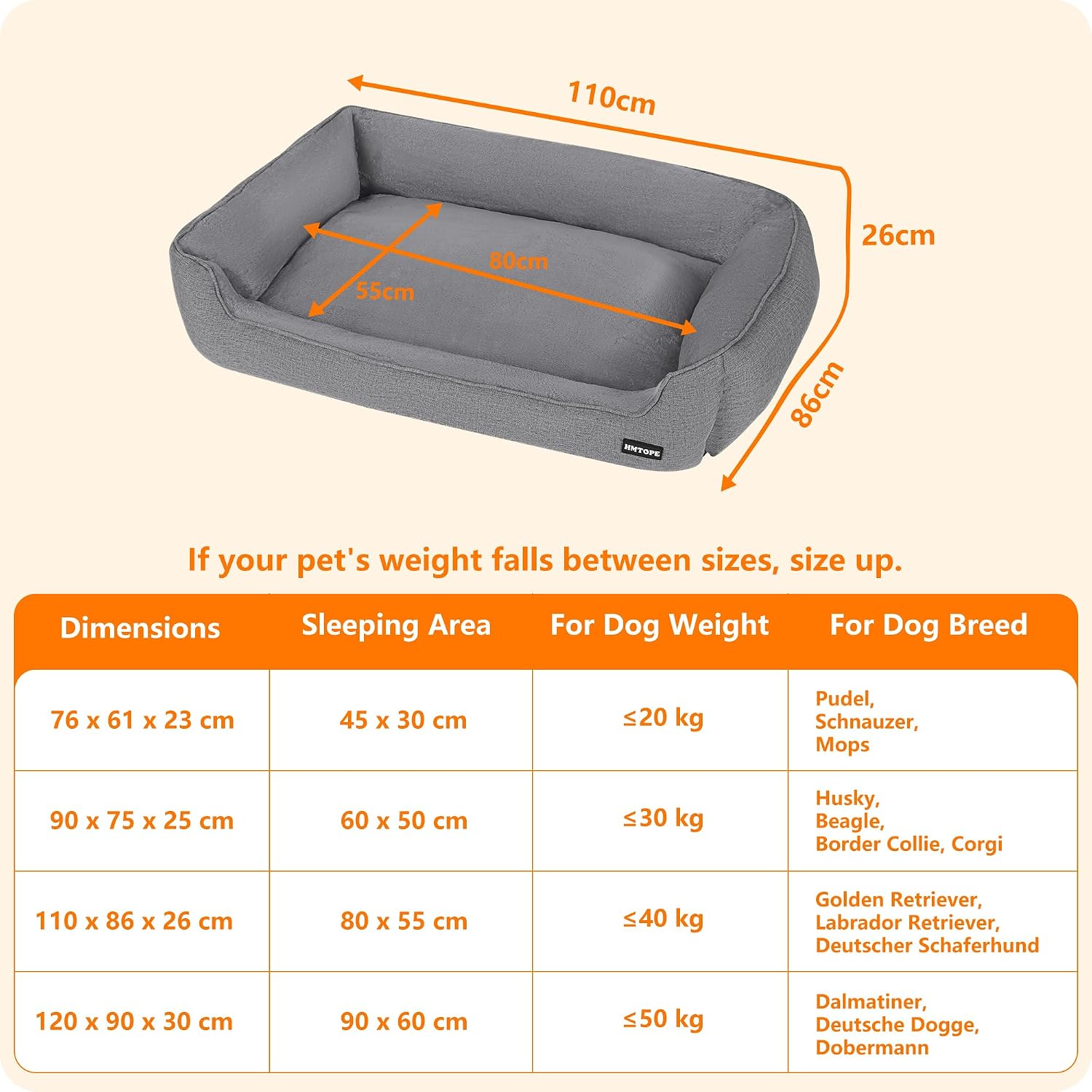 Detalle de HMTOPE Hundebett, Hundesofa & Kissen – abnehmbar und waschbar, Hellgrau, 110 x 86 x 26 cm