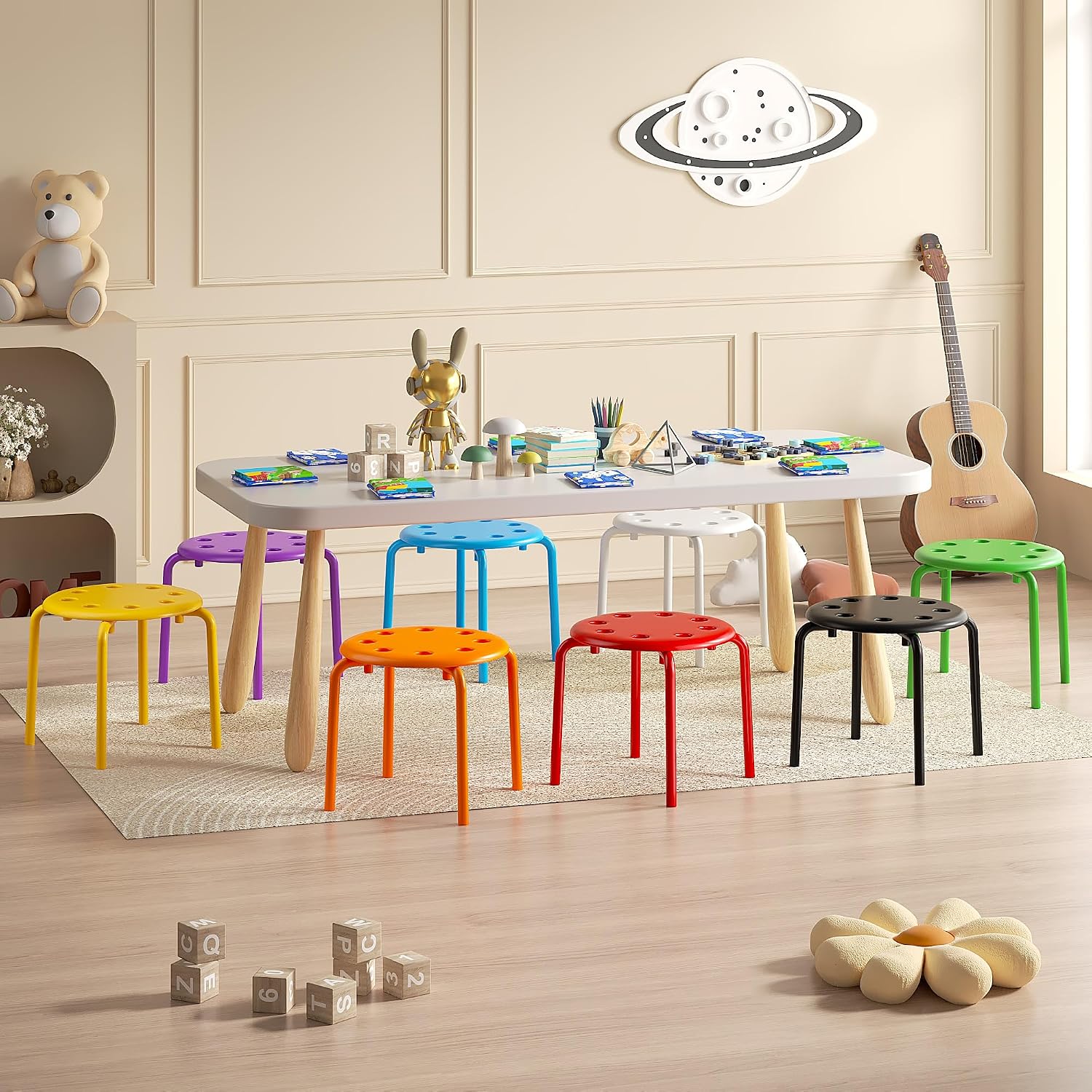 Detalle de VECELO Stackable Stools, 8-Piece Set, 12-Inch Seats, Rainbow Colors