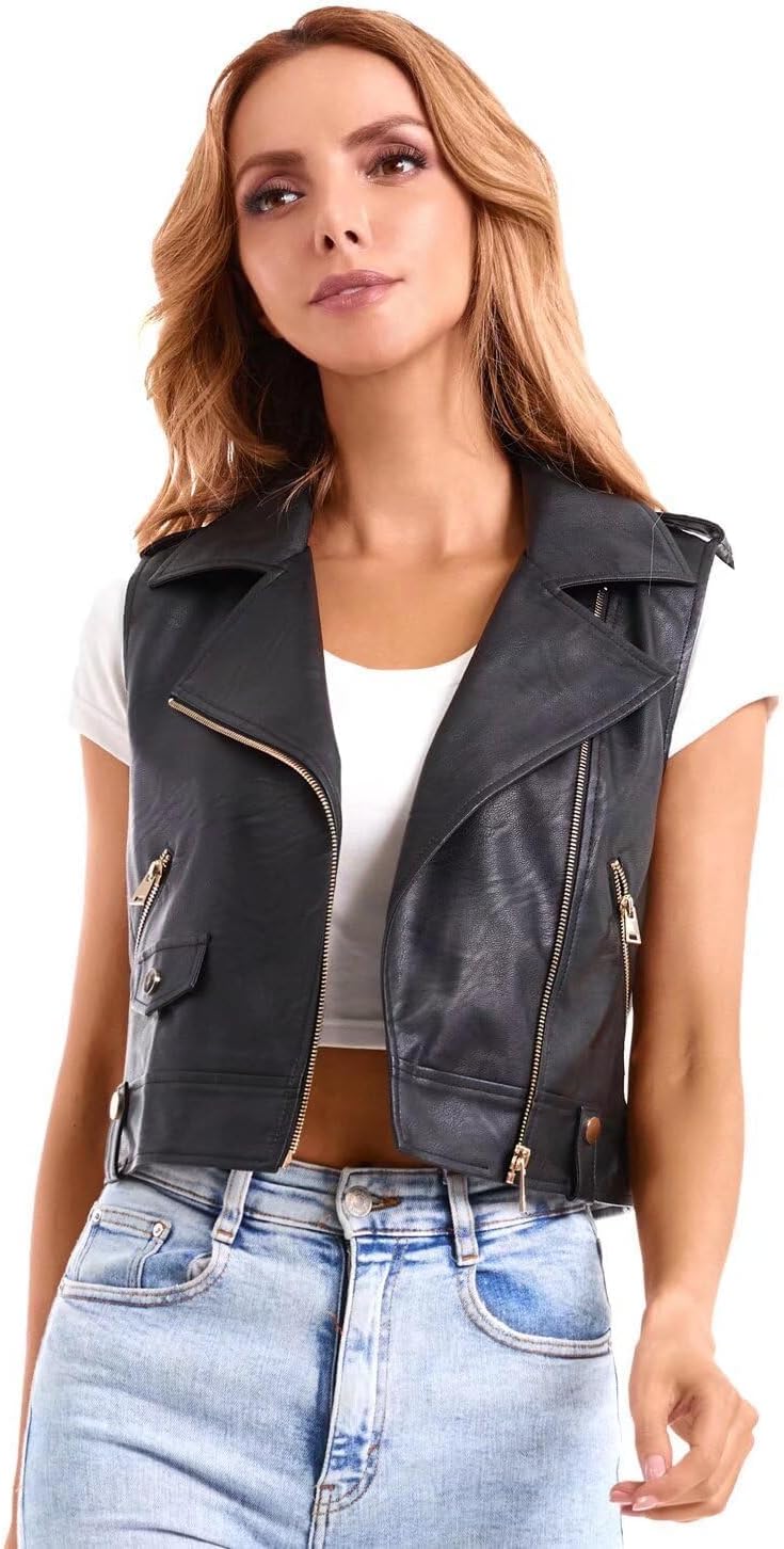 Detalle de DIASHINY faux leather moto waistcoat for women with lapel and zip pockets