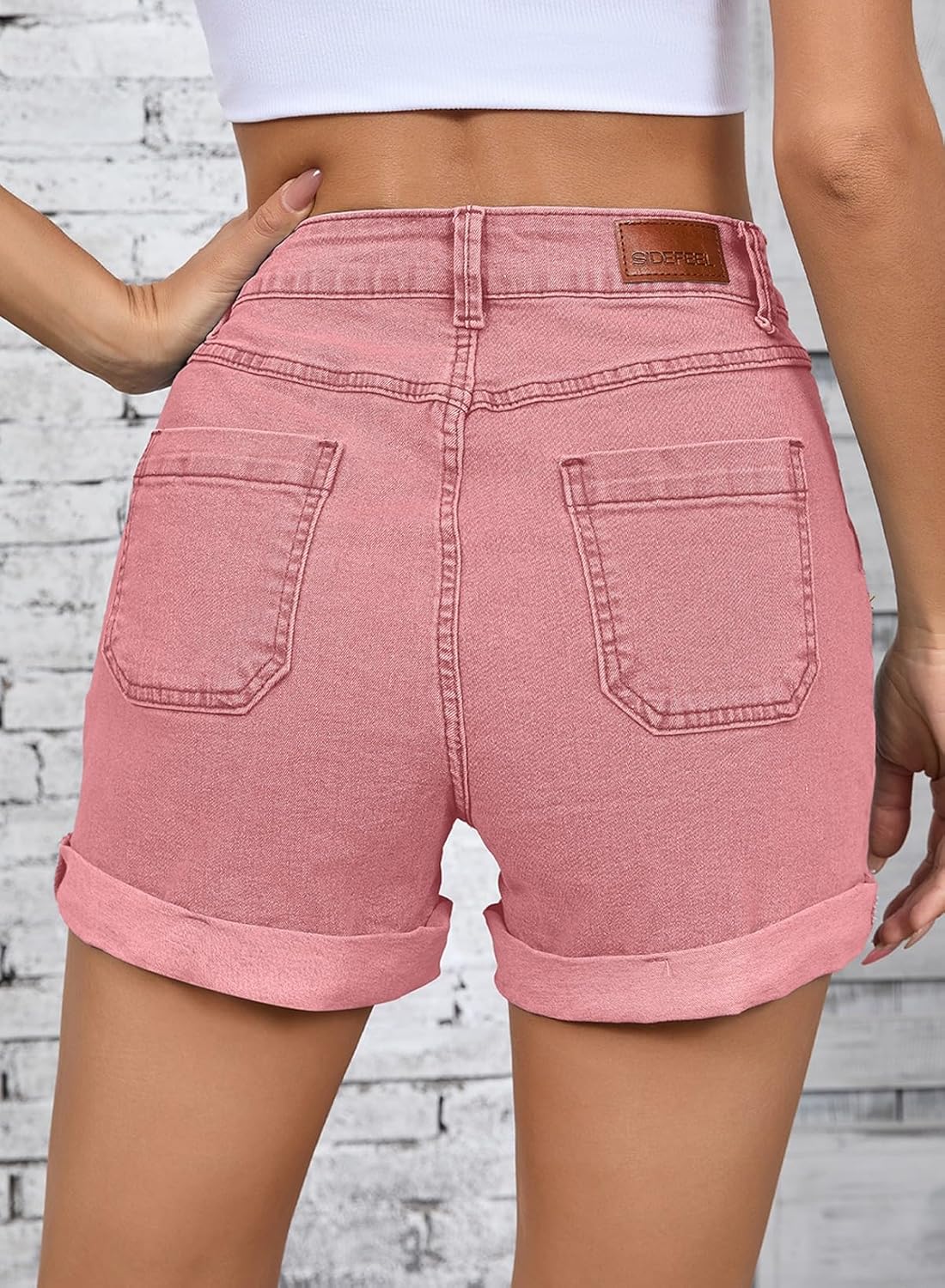 Thumbnail 3 de Sidefeel Women's Jean Shorts: High-Waisted Stretch Denim with Buttoned Folded Hem