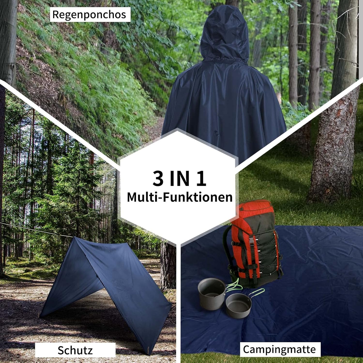 Detalle de Opret Wasserdicht Regenponcho – 3-in-1 Multifunktional, Navyblau, 210T Polyester mit PU-Beschichtung