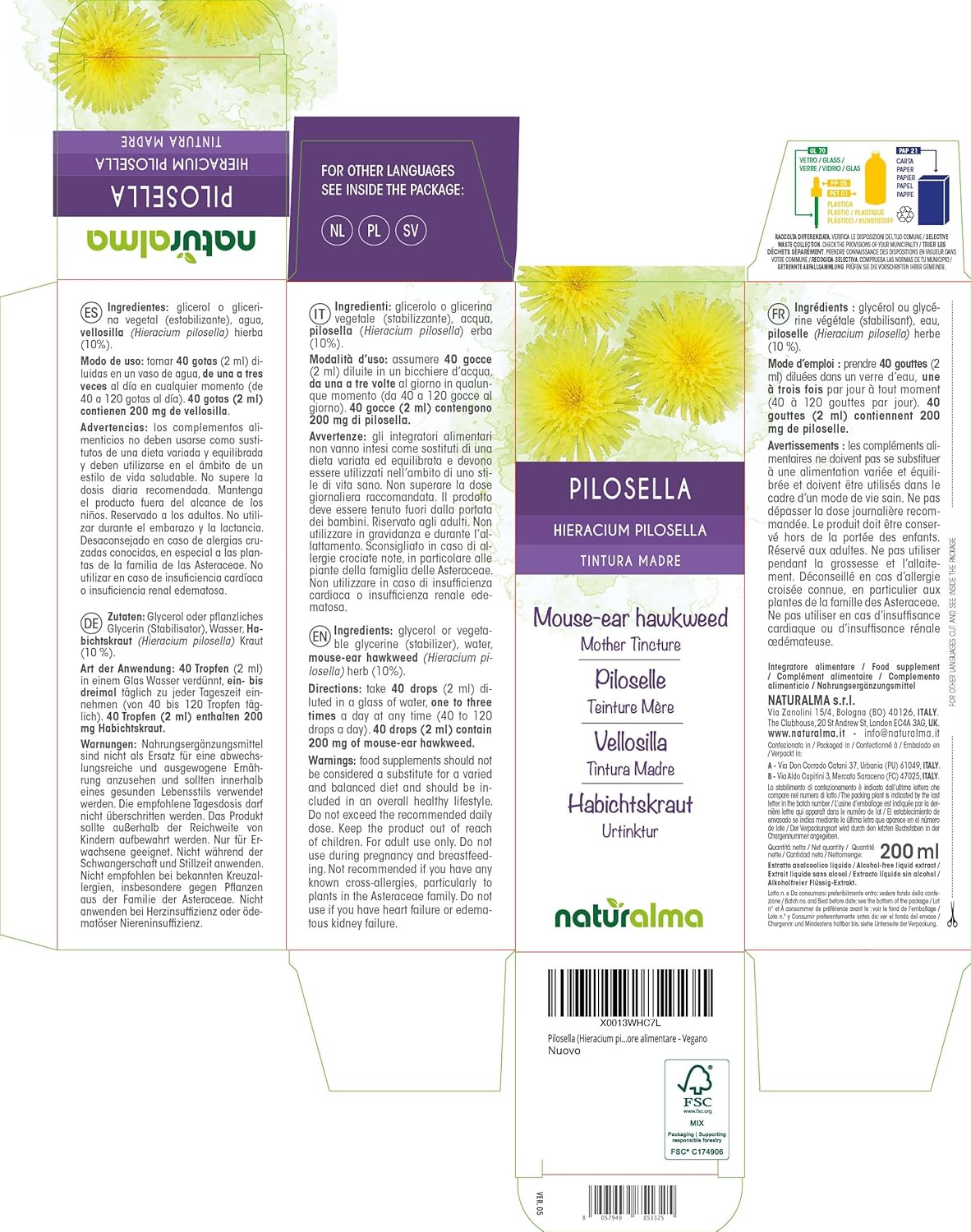 Detalle 2 de Pilosella Hieracium pilosella Tintura Madre analcoolica 200 ml di Naturalma — Integratore vegano in gocce