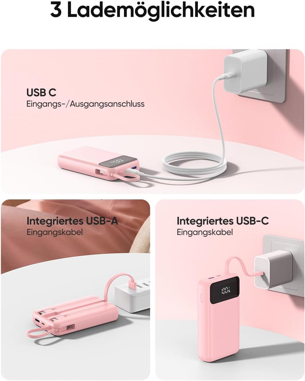 Detalle de A ADDTOP 20000mAh Power Bank – Ultra kompakt mit 4 integrierten Kabeln und 22,5W Schnellladen, Rosa