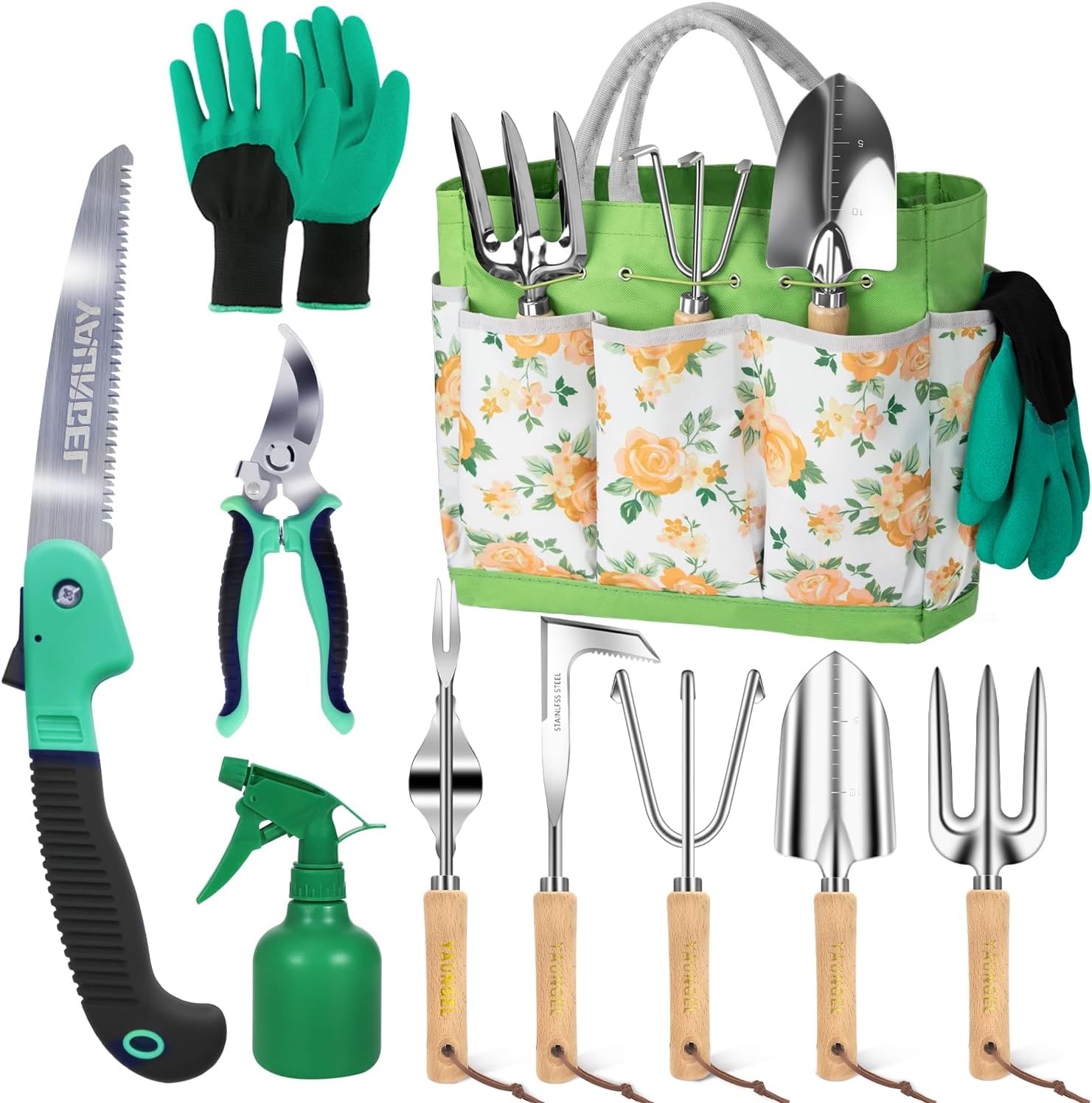 Set di attrezzi da giardinaggio YAUNGEL da 10 pezzi con teste in acciaio inox e manici antiscivolo