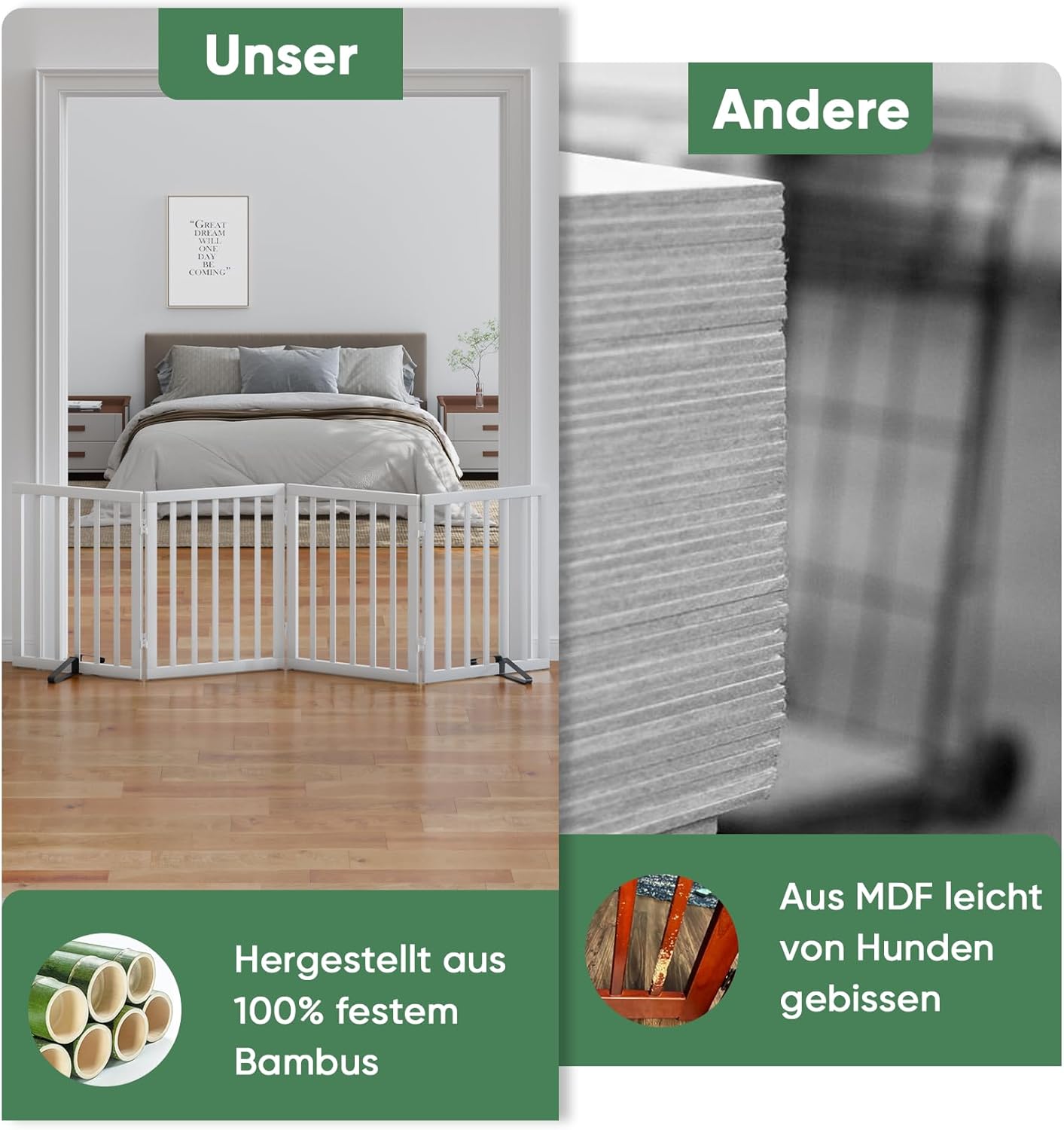 Thumbnail 3 de Freistehende Hundegitter für Türen (4 Paneele, Weiß) – faltbar mit Metallstützfüßen