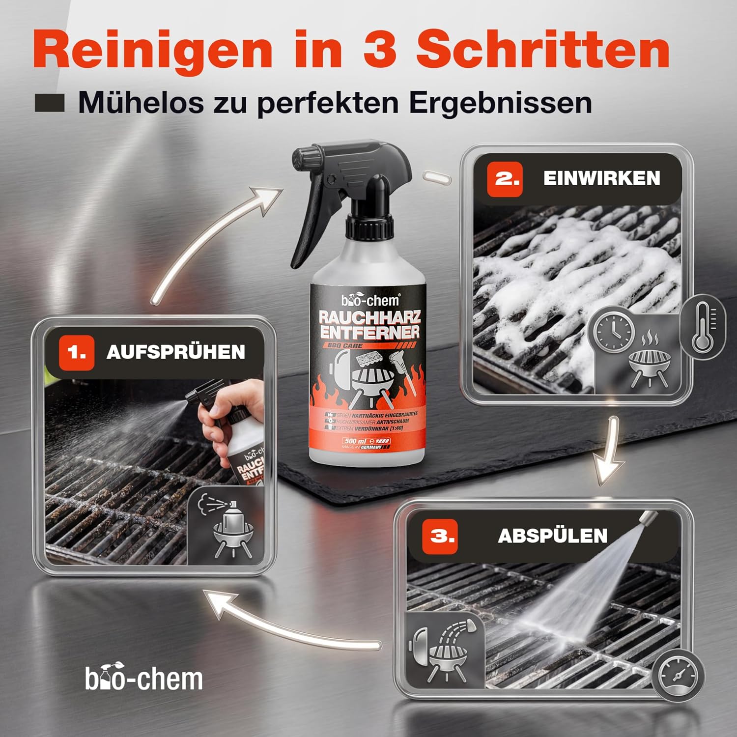 Thumbnail 6 de bio-chem Rauchharz-Entferner Konzentrat 1.000 ml für Backofen & Gasgrill (inkl. Mischflasche und Reinigungsschwamm)