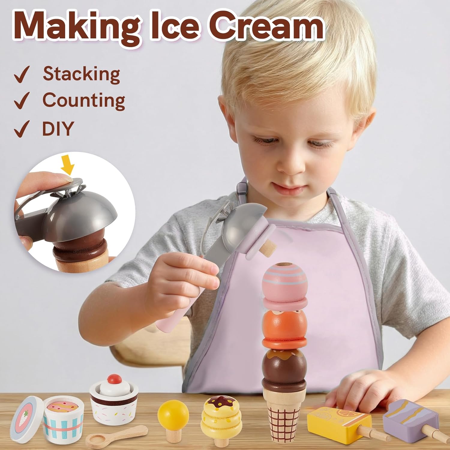 Thumbnail 1 de HERSITY Wooden Ice Cream Counter Shop Pretend Play Food Set (Pink)