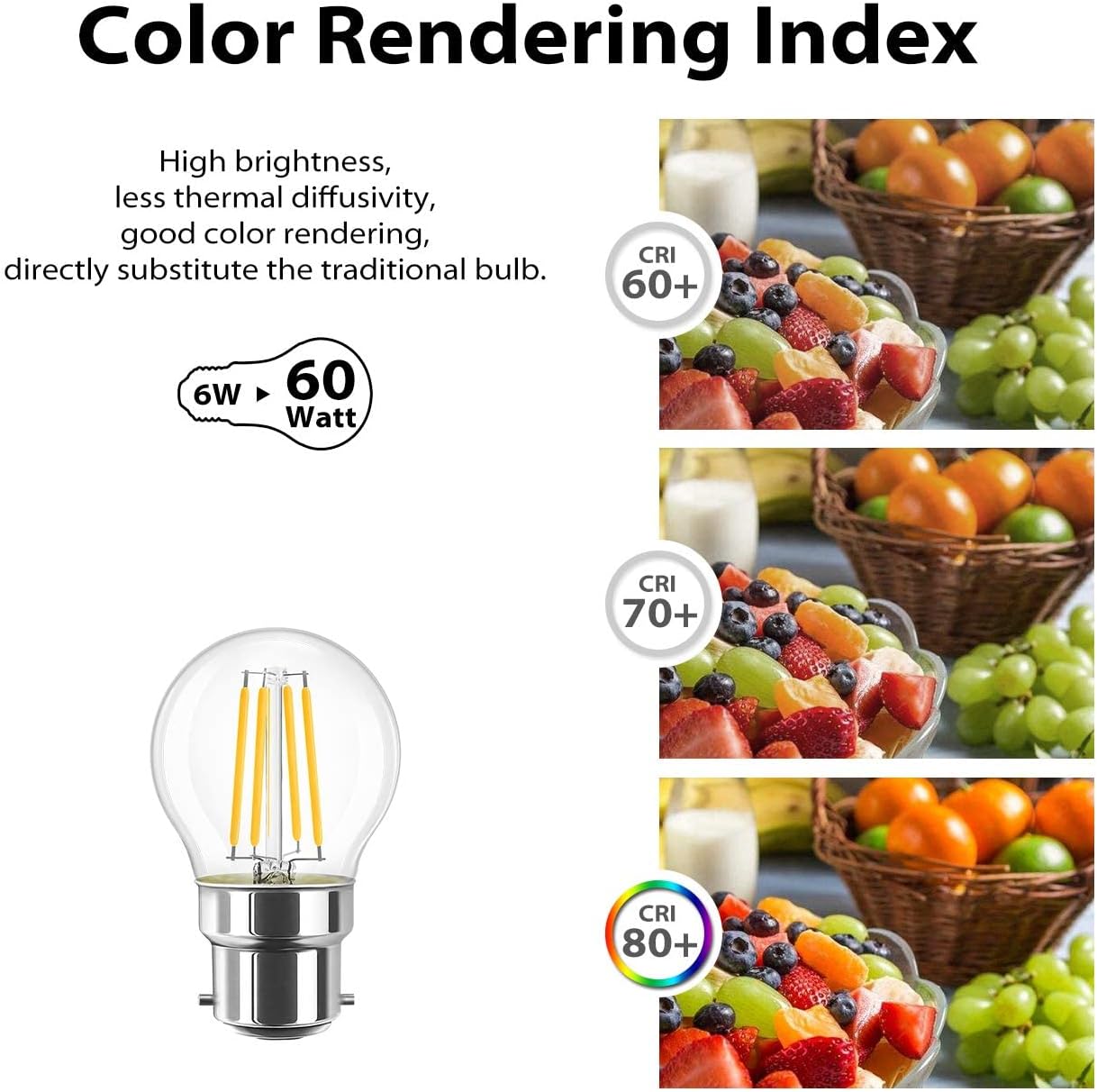 Detalle de LVWIT B22 Golfball LED Bayonet Filament Bulb — 5.5W, 806LM, 2700K Warm White, 220-240V, 6-Pack