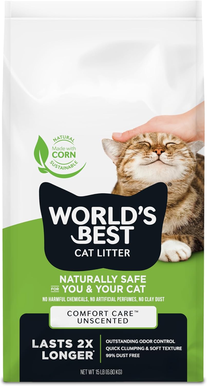 Detalle de WORLD'S BEST CAT LITTER Comfort Care Unscented (28 lb) – Natural Corn, Quick Clumping, Flushable & 99% Dust Free