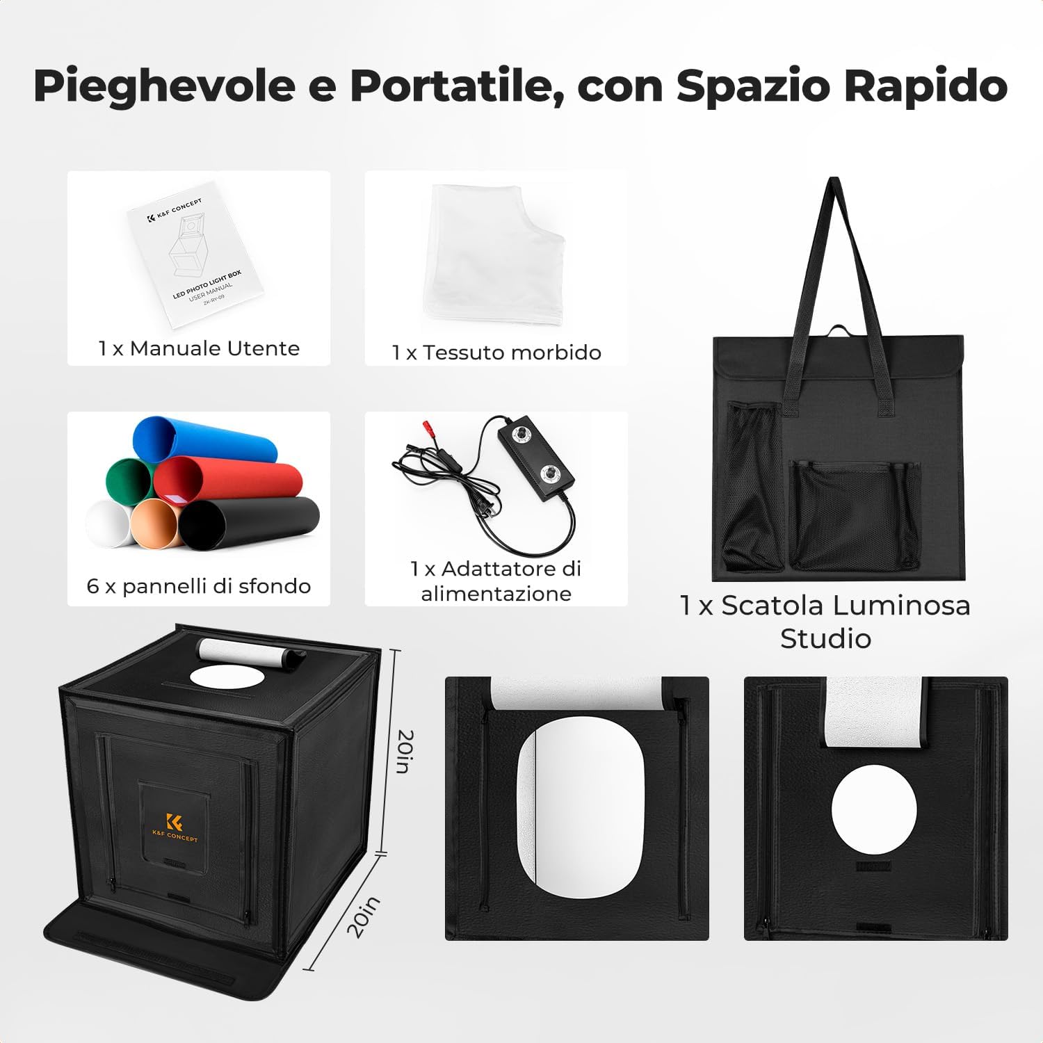 Thumbnail 6 de K&F CONCEPT Scatola Luminosa Pieghevole 50x50 cm – Mini Studio Fotografico con Illuminazione Dimmerabile 5600K