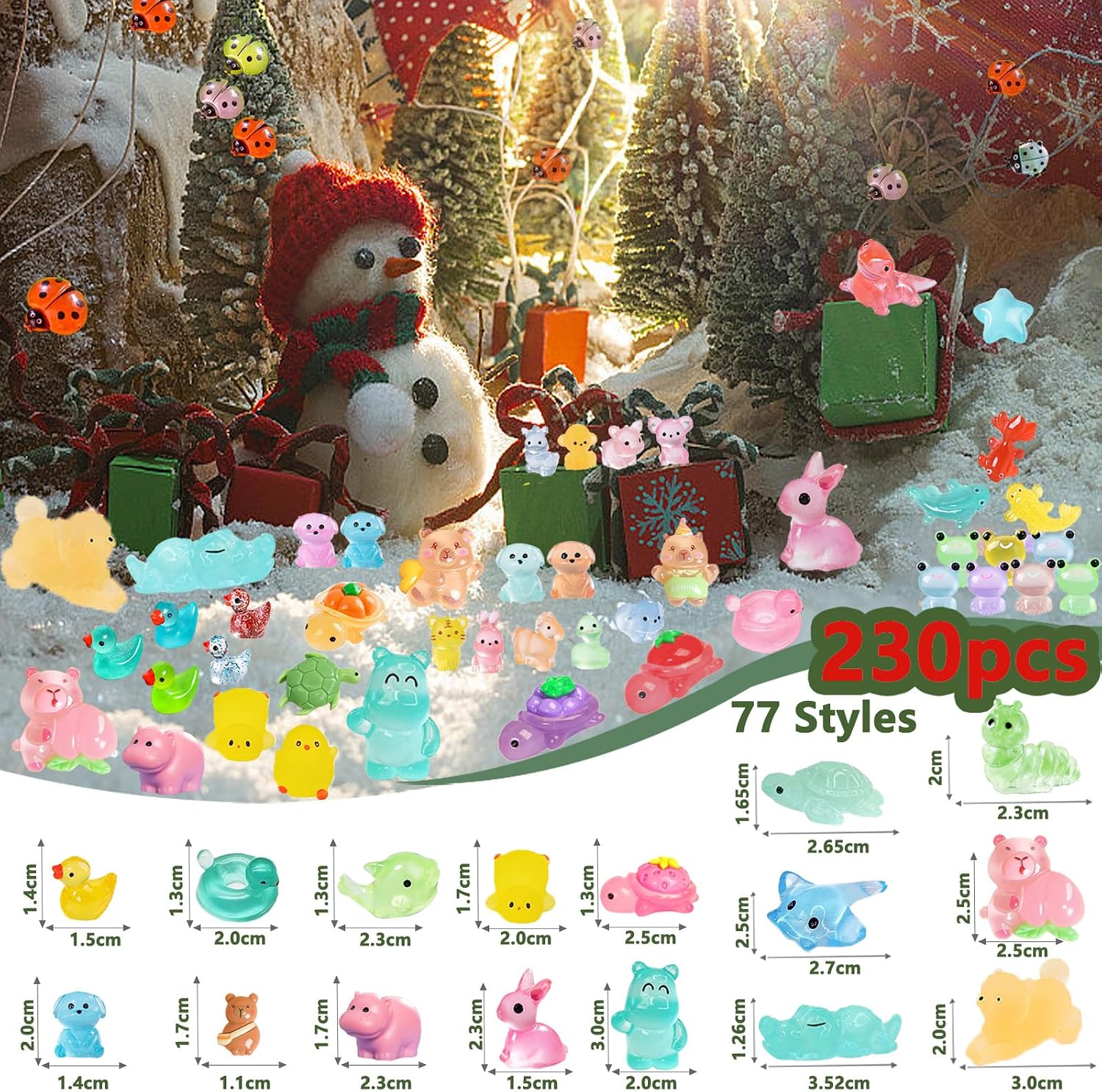 Detalle 2 de Blynmyr 230pcs Mini Resin Animals: 77 Styles of Glow-in-the-Dark Tiny Figures for Creative Displays