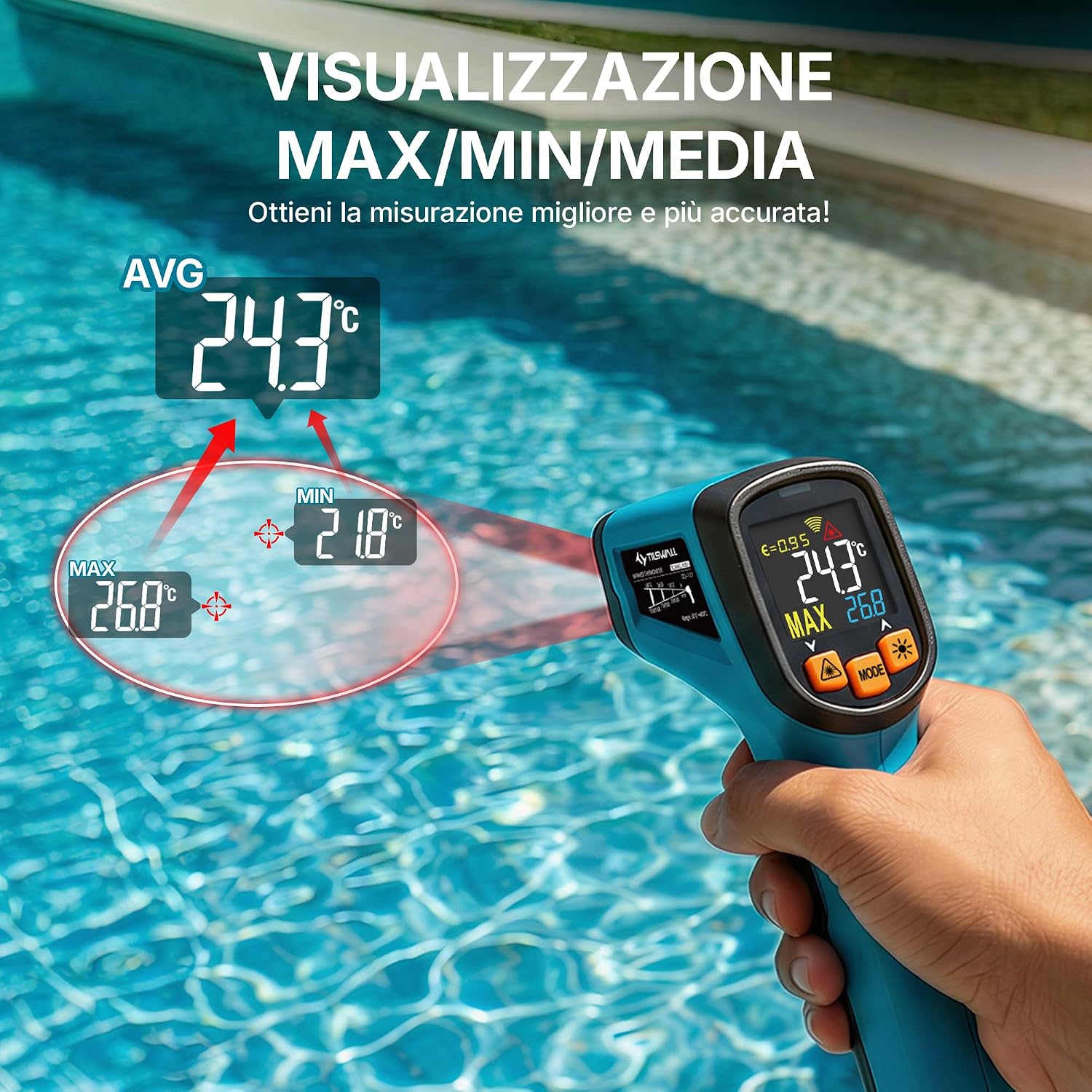 Detalle 2 de Tilswall Termometro IR Digitale W301 con Laser Rosso e Display LCD: misurazione senza contatto da -50°C a 600°C