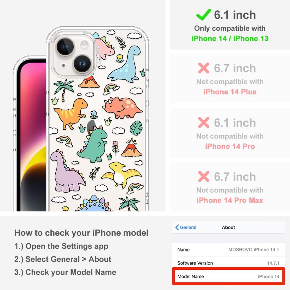 Thumbnail 1 de MOSNOVO Military Grade Drop-Tested Clear Case for iPhone 13/14 with Dinosaur Land Design