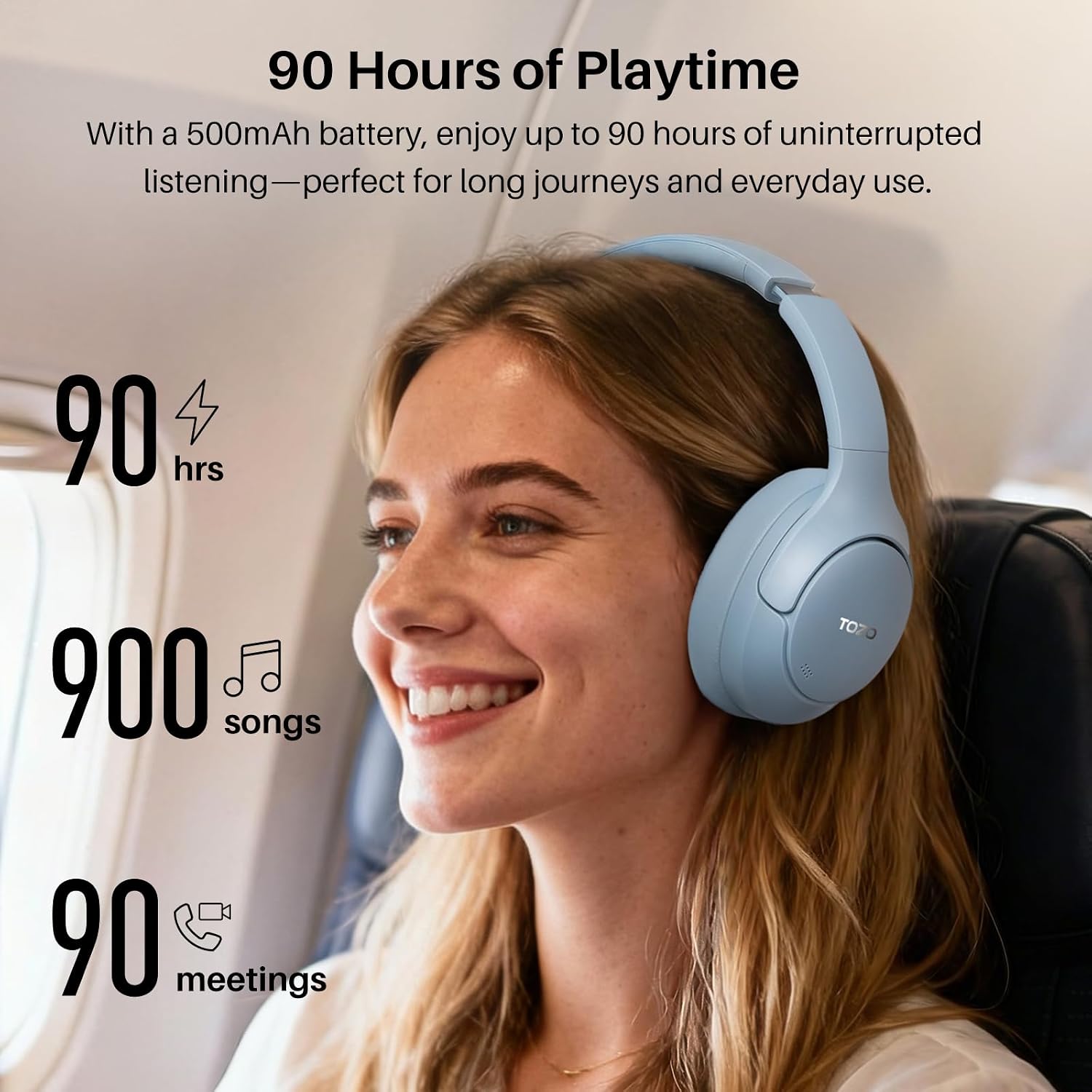 Detalle de TOZO HT3 Over-Ear Bluetooth-Kopfhörer mit ANC, 5 Mikrofonen, bis zu 90 Std. Laufzeit und Transparenzmodus