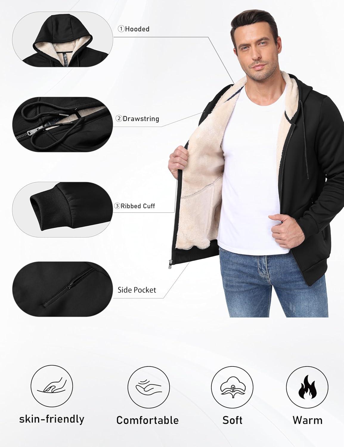 Thumbnail 4 de Veste à capuche en sherpa MoFiz pour homme, avec fermeture éclair intégrale et doublure polaire M-3XL