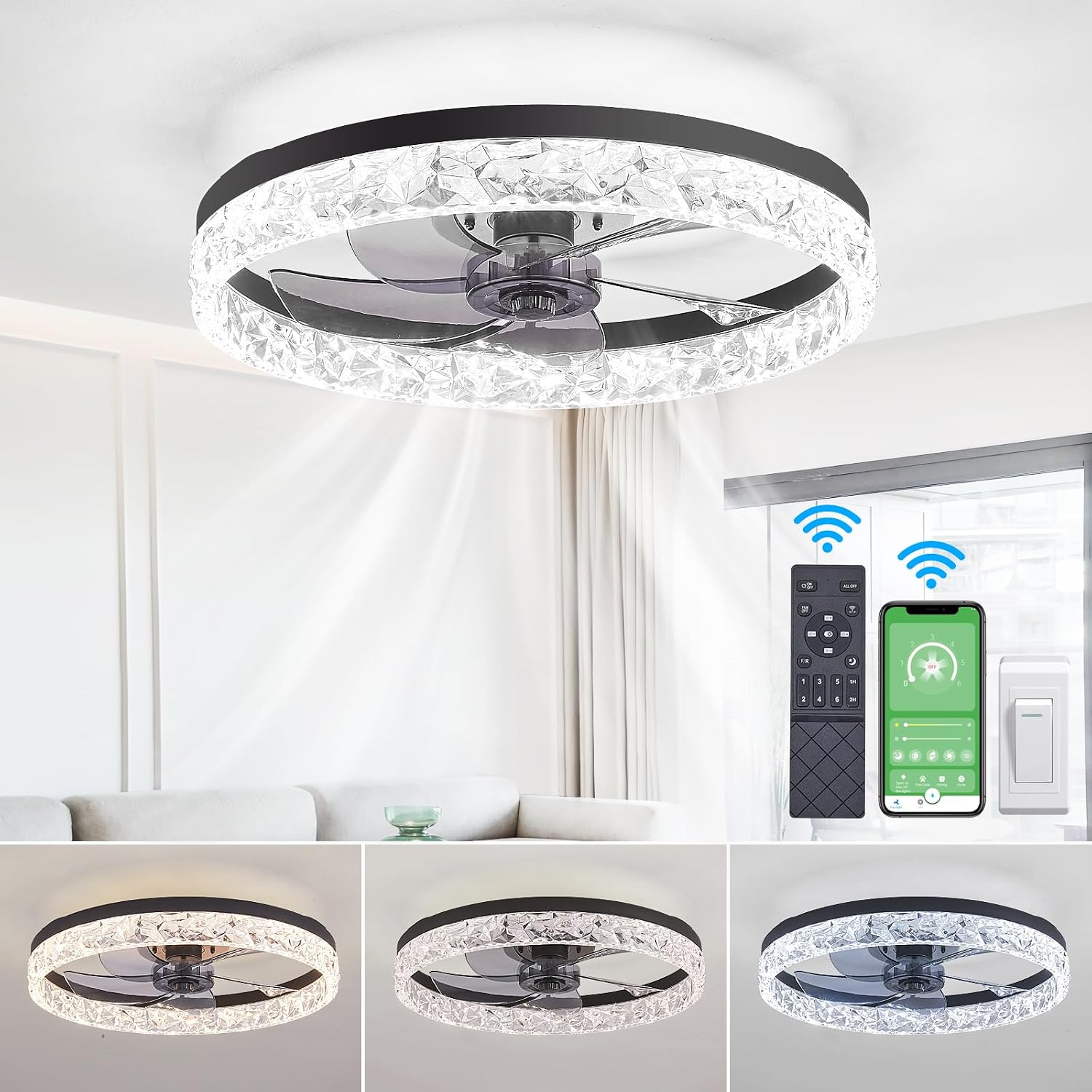 Detalle de NERONDA FATHER 20" Low-Profile Ceiling Fan with Dimmable LED Light