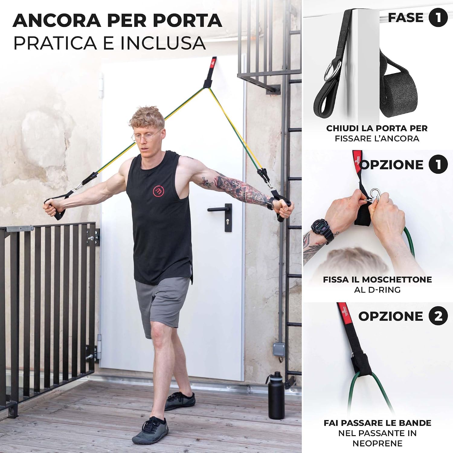 Detalle de Set di fasce di resistenza + piano allenamenti – Kit elastici con 5 bande in lattice, maniglie, cinghie per caviglie, ancoraggio e borsa