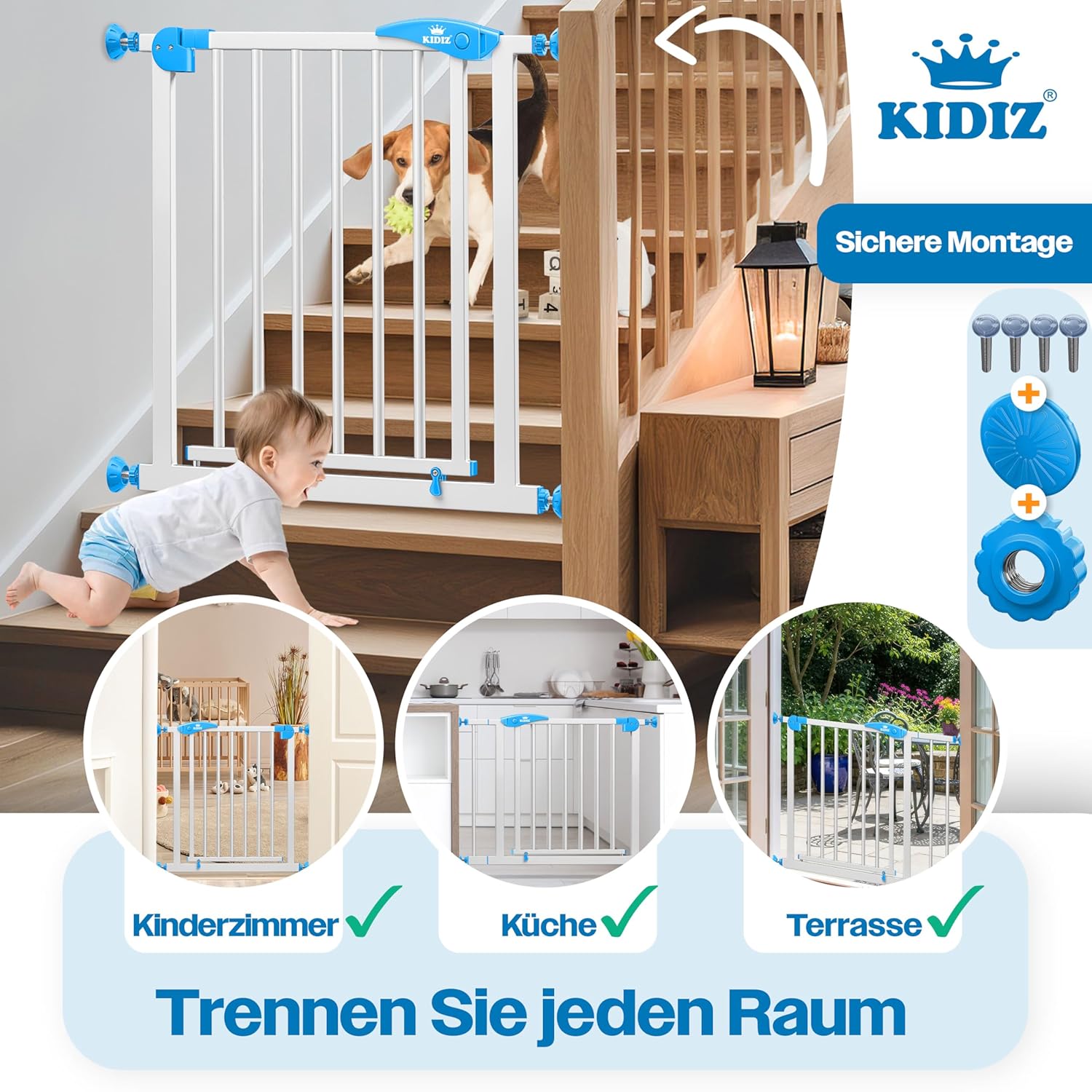 Thumbnail 4 de KIDIZ Treppenschutzgitter ohne Bohren – Verstellbare Breite 74–80 cm, 75 cm hoch, Türschutzgitter für Kinder und Hunde