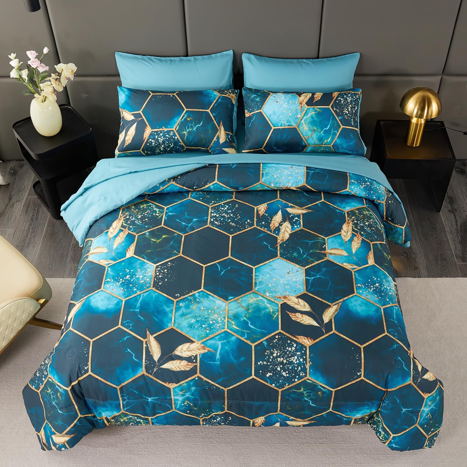 Detalle 2 de ANGIYUIN Teal Gold Bedding Set King 7pc