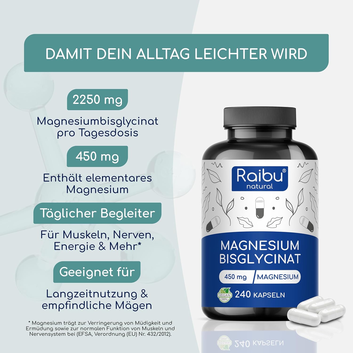 Thumbnail 2 de RAIBU Magnesiumbisglycinat Kapseln – 450 mg Magnesiumelementar pro Tag, 240 Kapseln