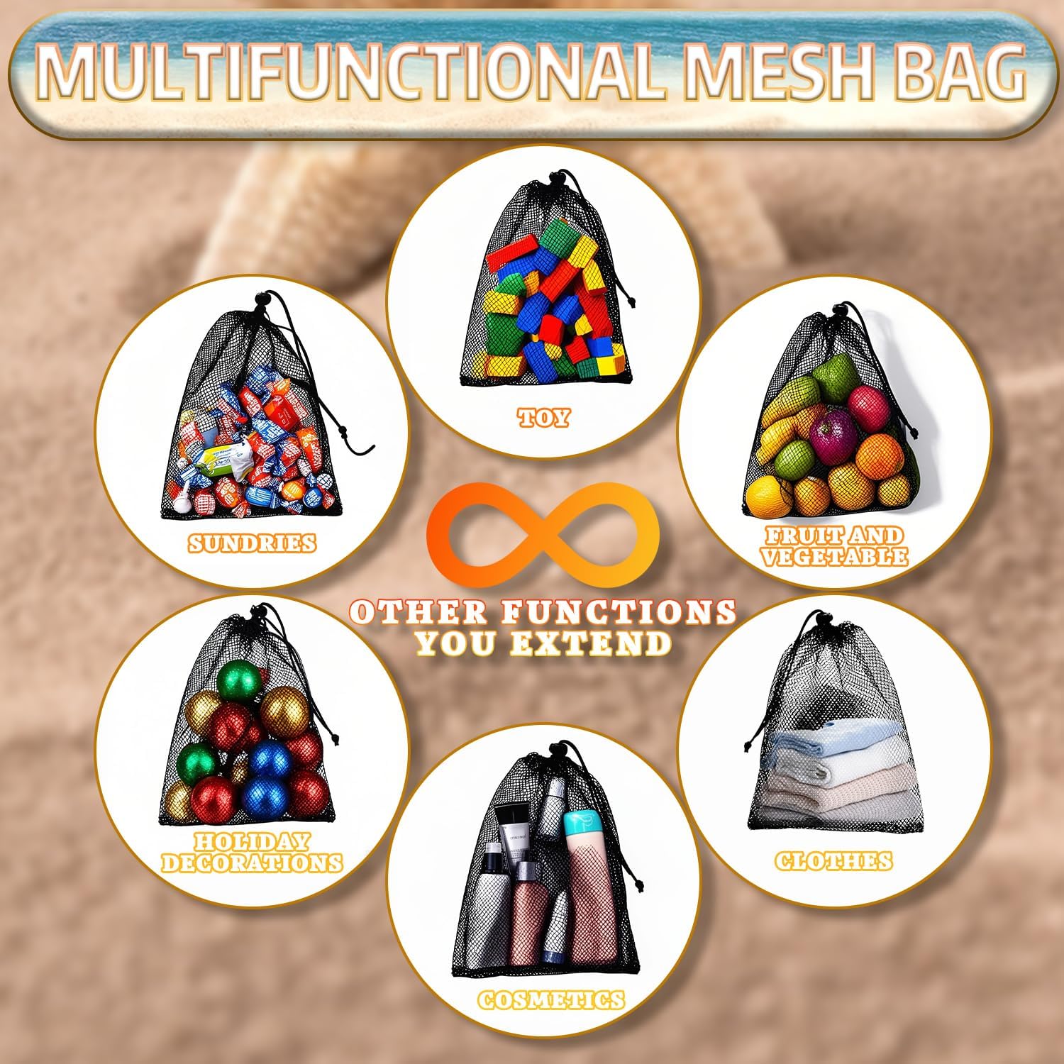Thumbnail 6 de COLANANA 2pc Mesh Drawstring Bags (40 x 35cm) – black drawstring organisers for toys, swimming & travel