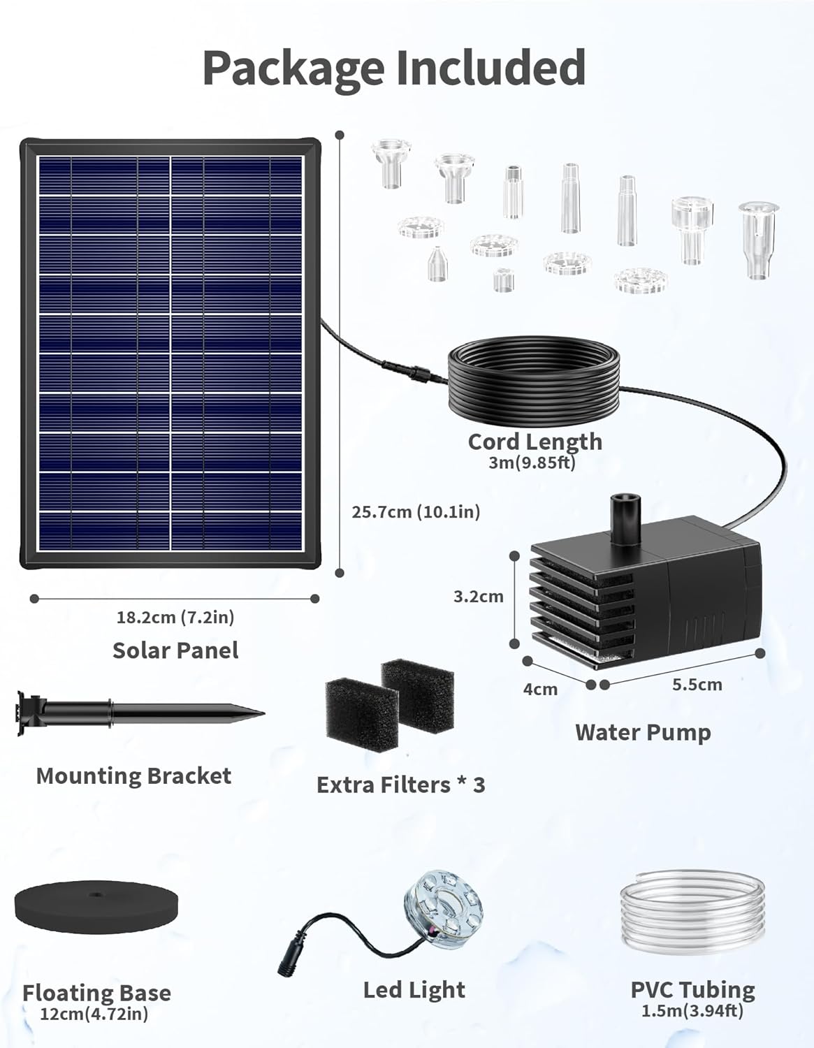 Thumbnail 5 de POPOSOAP 8W Solar Powered Water Fountain Pump with Battery Backup, LED Lights, 8 Nozzles & PVC Tubing
