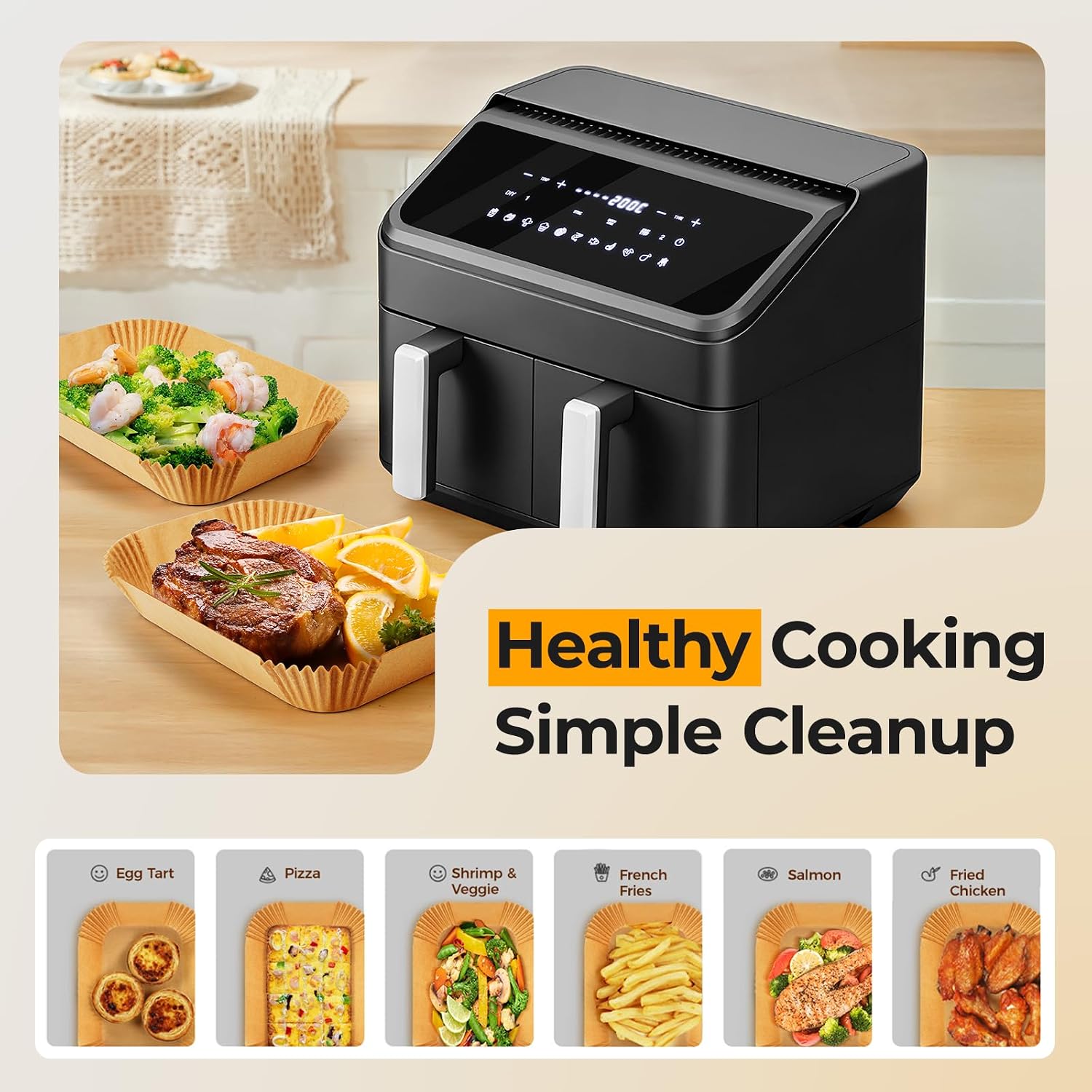Detalle de vailnd V-200-RE8 Disposable Air Fryer Liners, 200 Rectangle Sheets