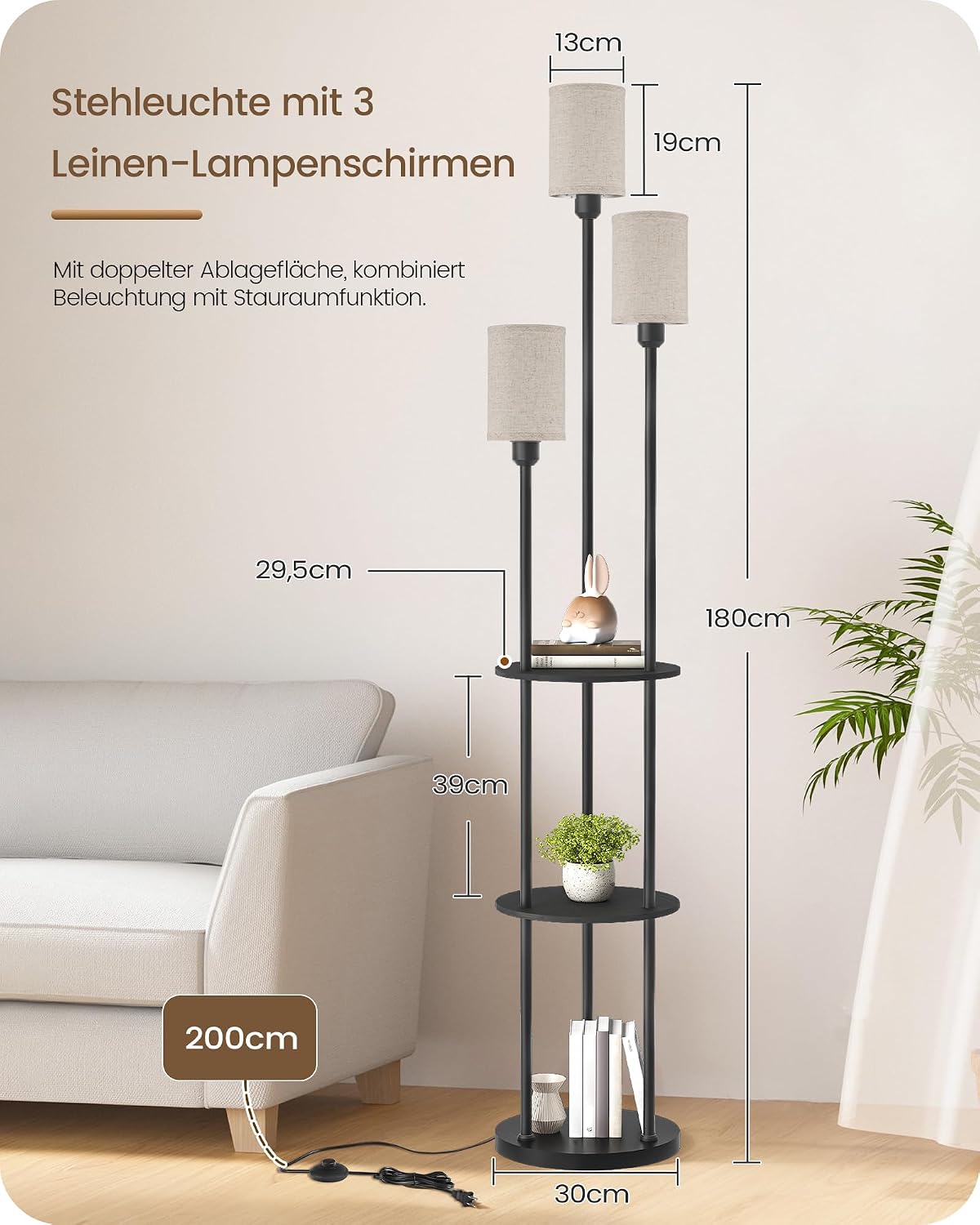 Detalle 2 de GOEBLESON Stehlampe Wohnzimmer mit Ablage – 3‑flammige Regal-Stehlampe ZE53LDD05, retro schwarz/beige