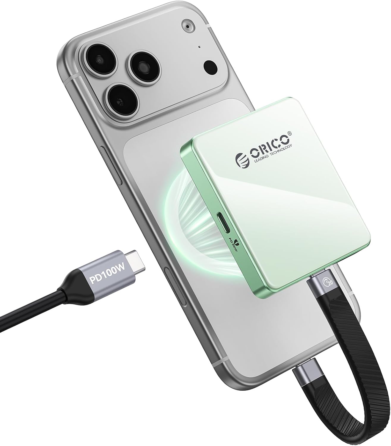 Detalle de ORICO Magnetic Case NVMe M.2 per iPhone 15/16/17 Pro – USB-C 3.2 Gen2 10Gbps, 4K ProRes, PD 100W, SSD 2230/2242 2TB (Verde)