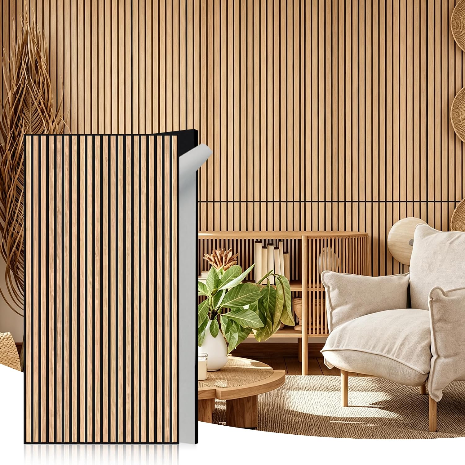 Detalle de WoveN SounD Acoustic Wall Panels, Natural Oak 10-Pack, Self-Adhesive Slat Design