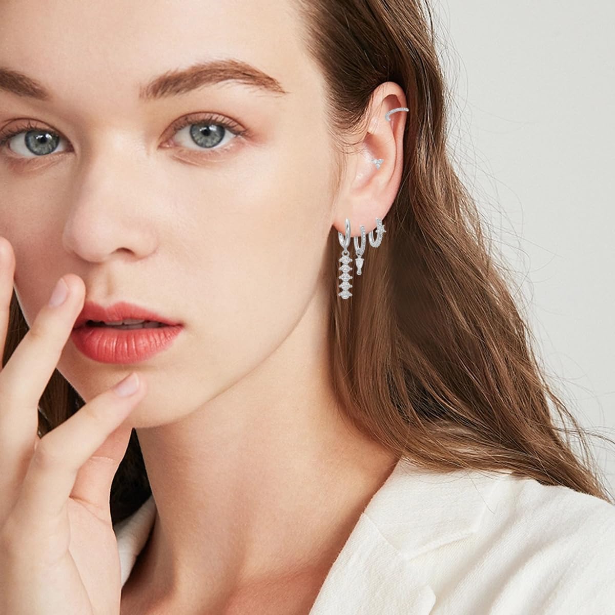 Detalle de Boucles d'oreilles Argent pour Femme – Ensemble Creoles petites et Zirconium Cubique, plaqué or 14K, hypoallergéniques